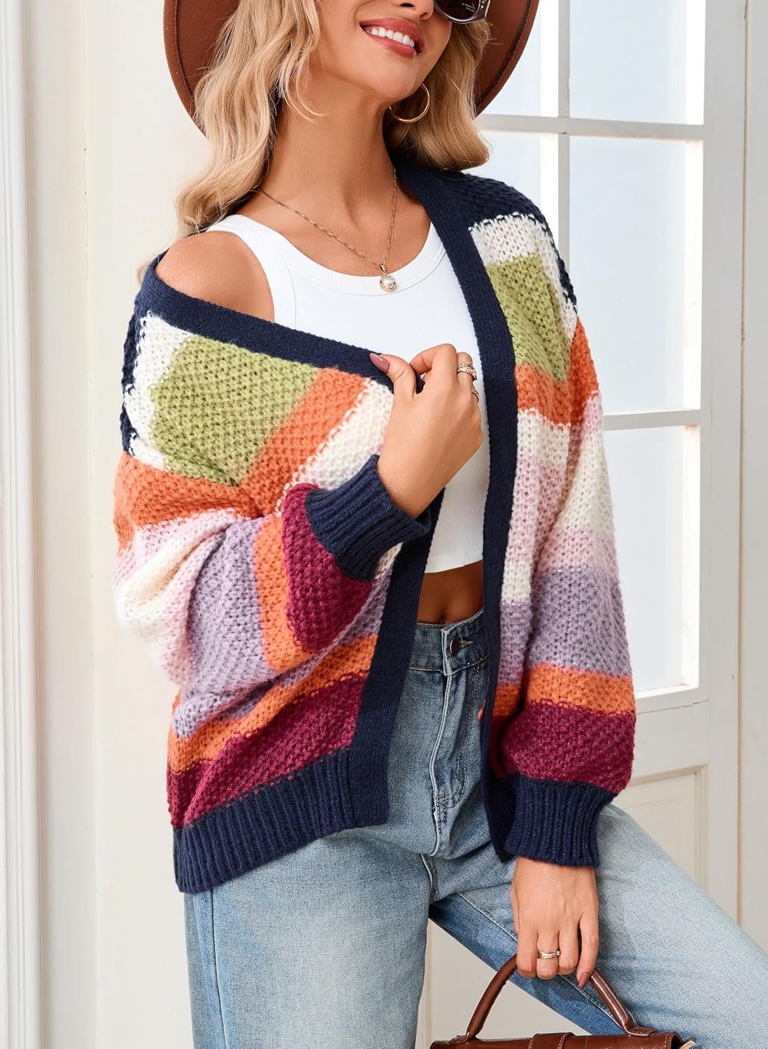 Womens Striped Chunky Cardigan Sweaters Oversized Open Front Trendy Long Sleeve Color Block Knit Sweater Coats - Image 5