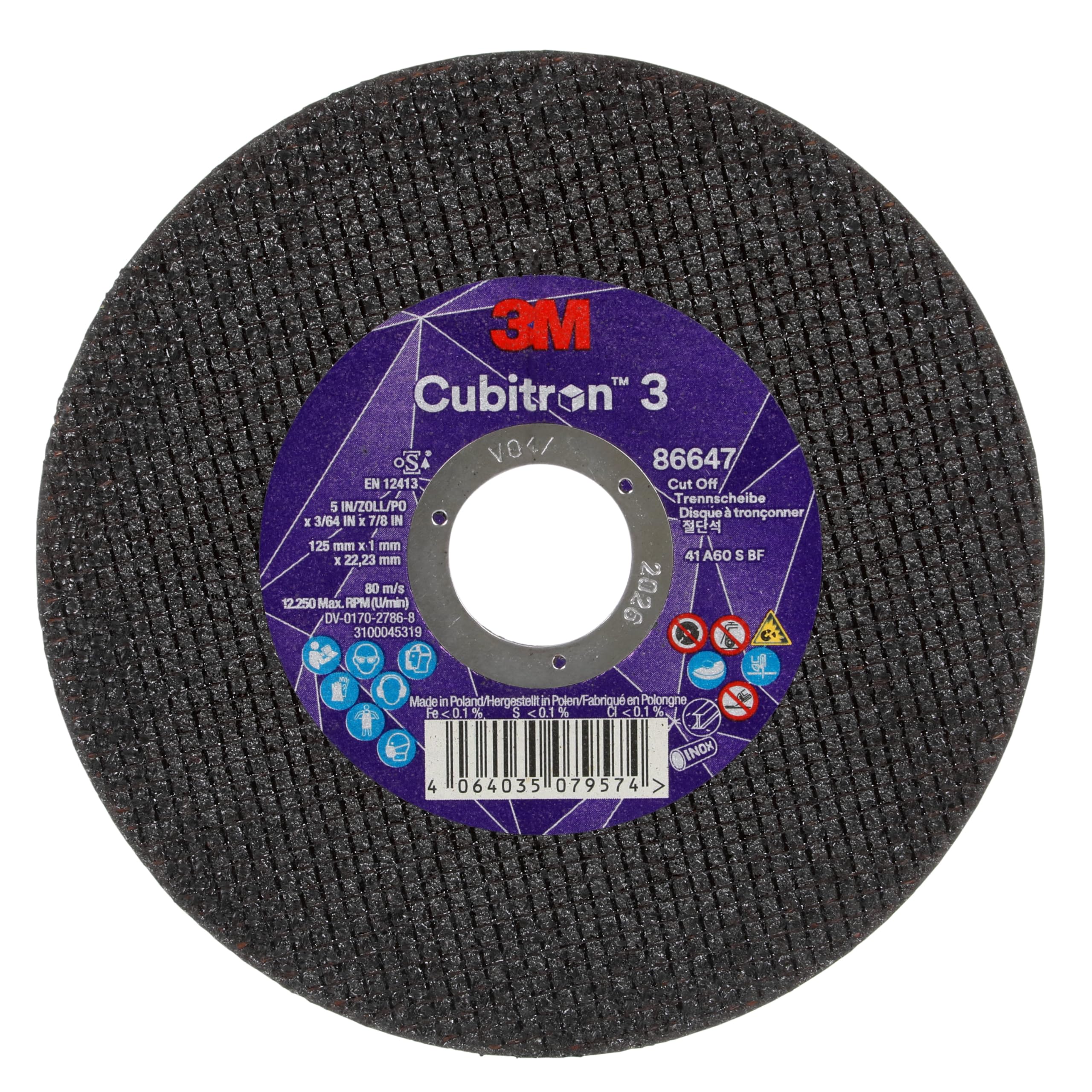 Cubitron à tronçonner 3, 86647, 60+, T41, 125 mm x 1 mm x 22,23 mm, EN, 25/paquet