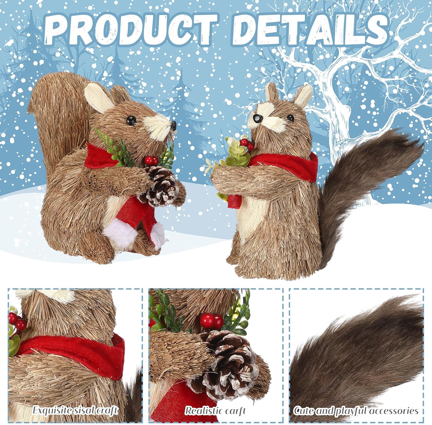 Chalyna 2 Pack Christmas Sisal Squirrel Tabletop Decorations, Squirrel Figurine for Home Decor Woodland Animals Rustic Xmas Ornaments for Table Office Indoor Forest Mantle Decor Xmas Gifts