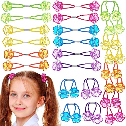 Expressions 24 piezas de cola de caballo con forma de flor de rosa, multicolor brillante, bandas para el pelo, ligas para el cabello, soportes para