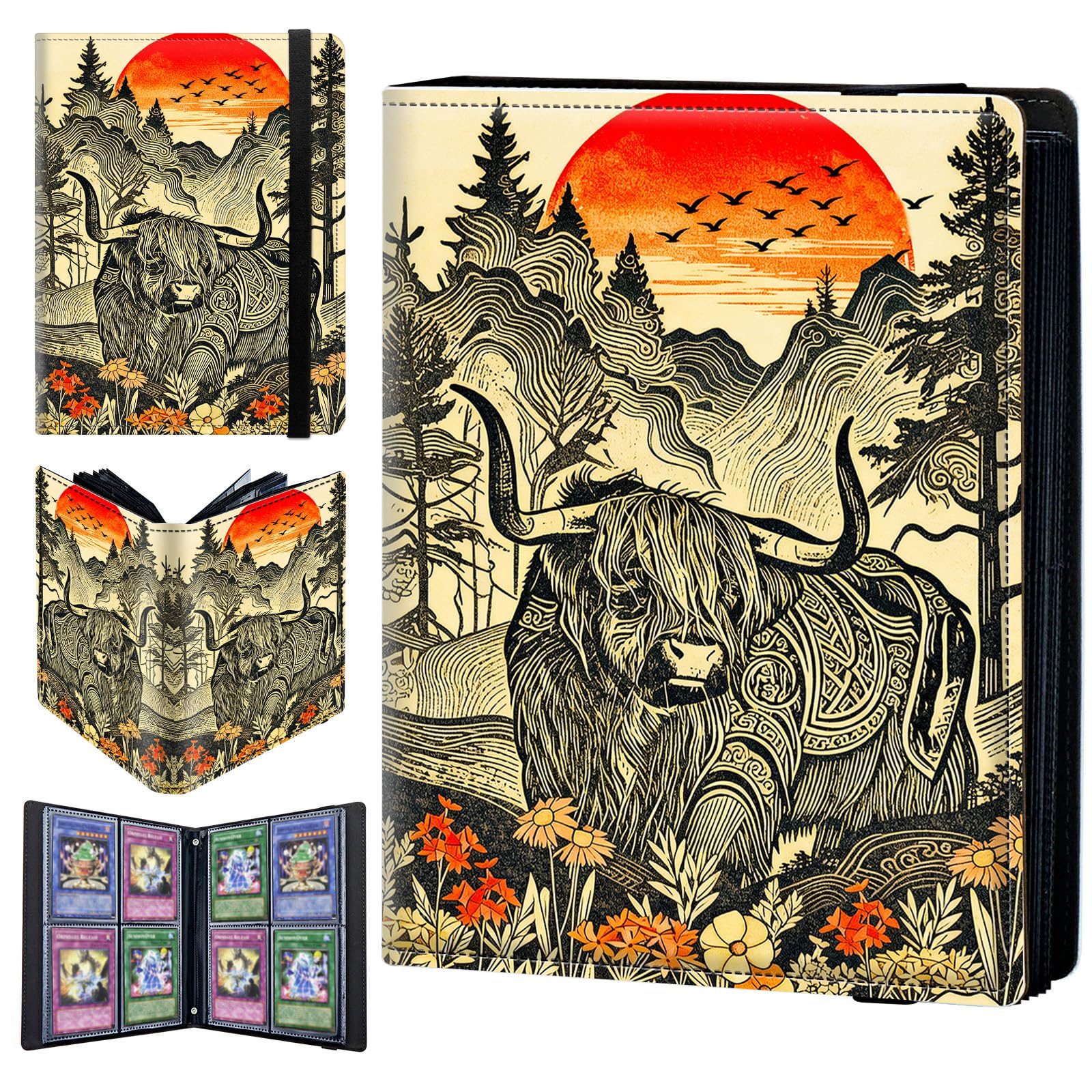 4 Pocket Trading Card Binder 320 Side Loading Pocket Album with Flowers Mountain Cow Pattern Design Card Binder for Sports Cards & Game Cards