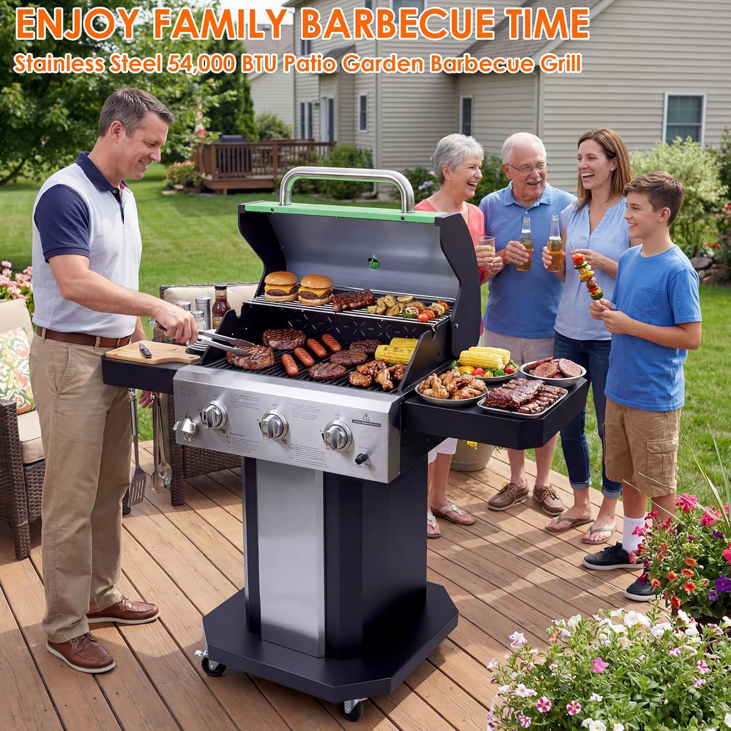 3-Burner Propane Gas Grill with 30000 BTU, Cast Iron Cooking Grates Warming Rack Side Tables Wheels & Tool Hooks, BBQ Grill for Outdoor Backyard Cooking and Patio Parties, Green