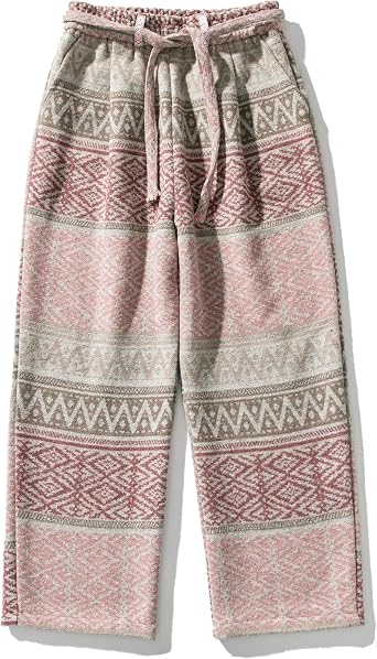 GURUNVANI Mens Knit Jacquard Pants Elastic Waist Vintage Cargo Sweatpants Baggy Straight Pants Causal Tweed Trousers