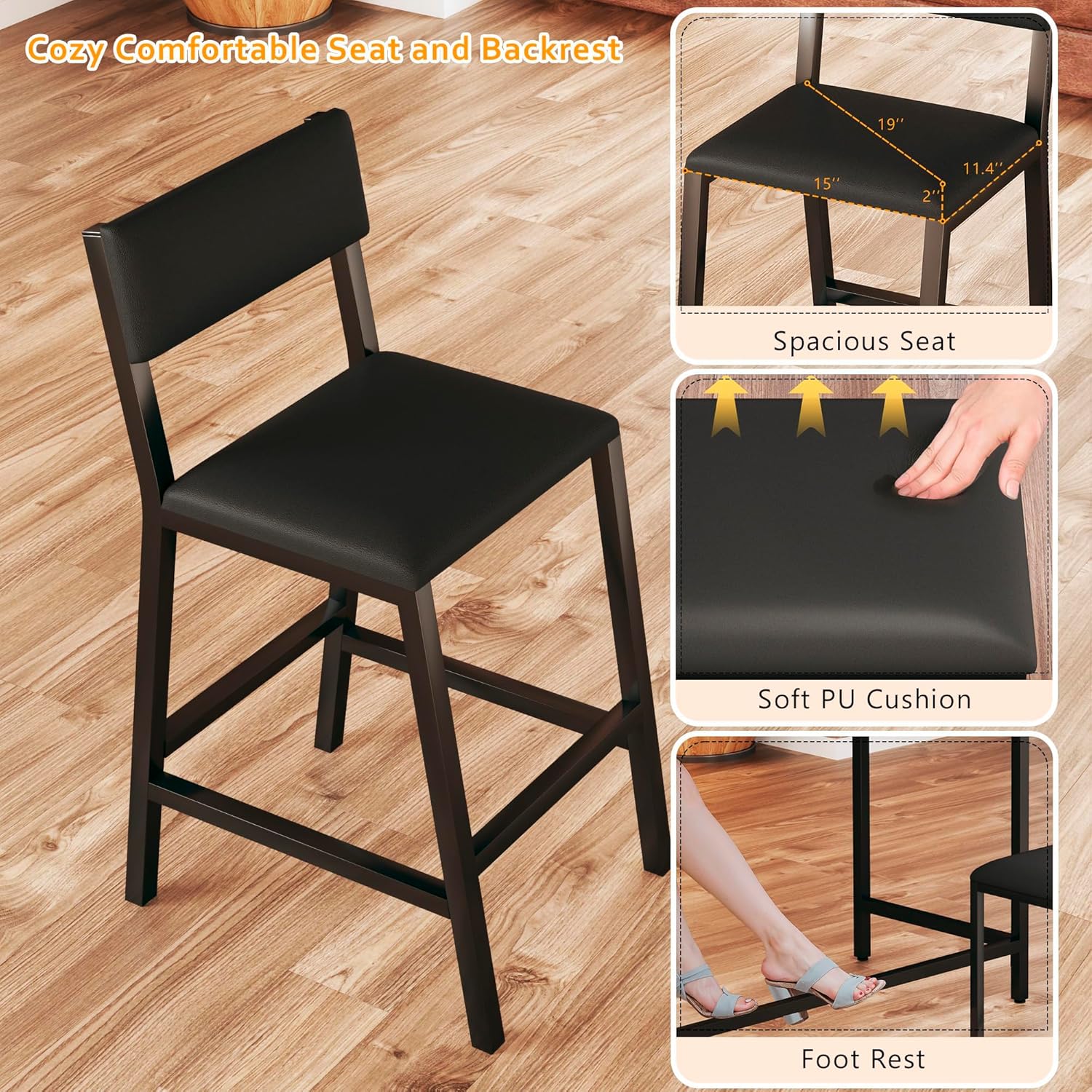 Bar Table and Chairs Set, 3 Piece Convertible L-Shaped Kitchen Table with 2 PU Leather Bar Stools, 63‘’ Counter Height Small Dining Table with Power Outlets, Space Saving, Breakfast Nook Corner, Black