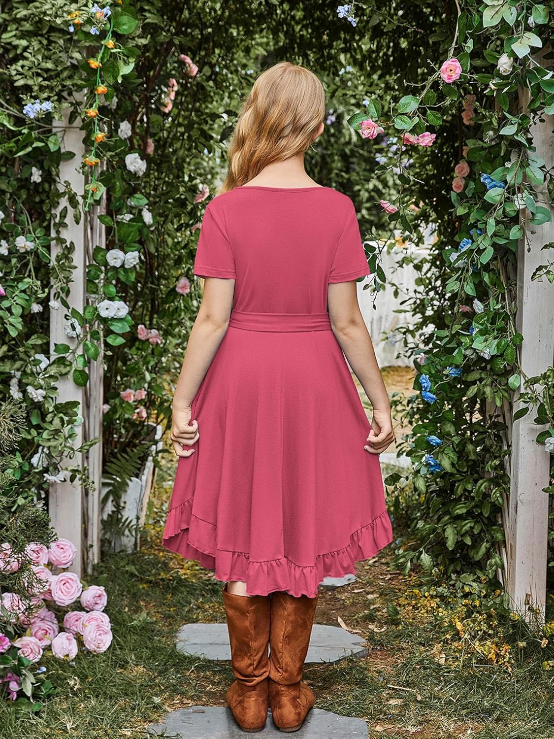 KYMIDY Girls Short Sleeve Swing Dress Kids Ruffle Loose Casual Twirl Belted Dresses with Pockets for Girls 6-12 Years - Image 4