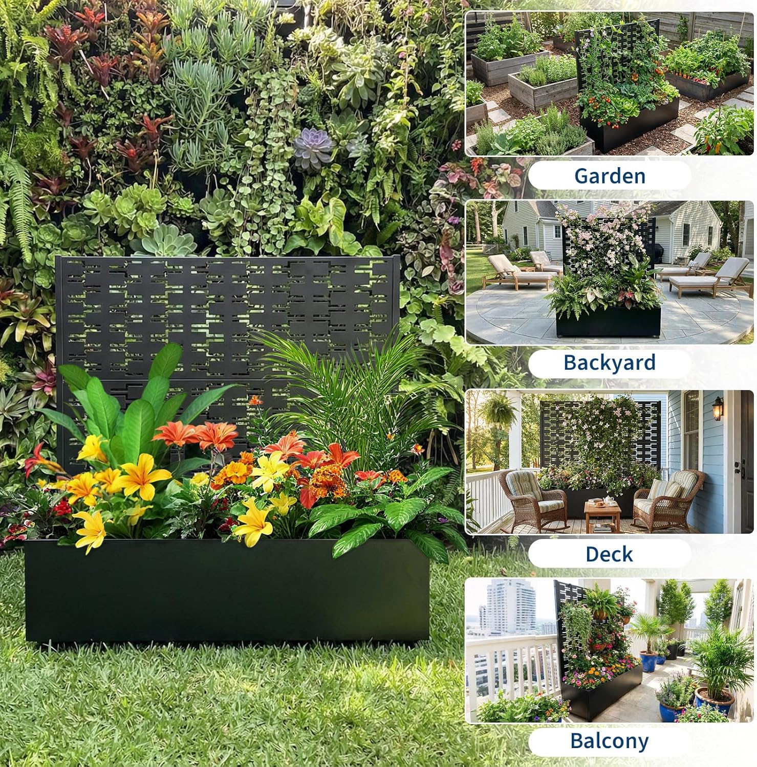 Garvee Metal Planter Box with Trellis, 47.1"x47"x16" Raised Garden Beds with Trellis and Wheels for Climbing Plants Vegetables, Privacy Screen Planter Box with Drainage Holes for Patio Balcony, Black