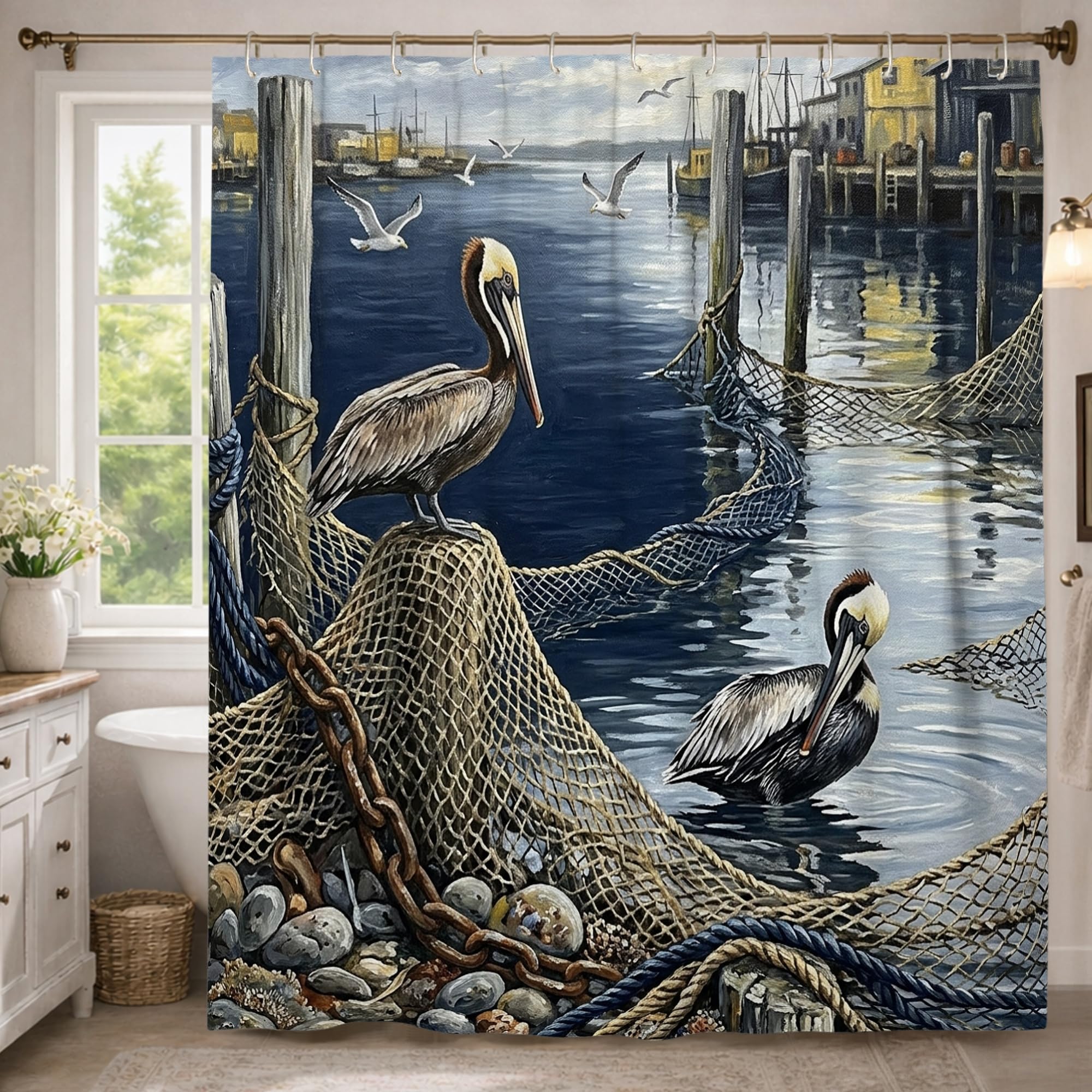 Rideau de douche bleu d'été textile lavable grand format 183x243 pour douche italienne