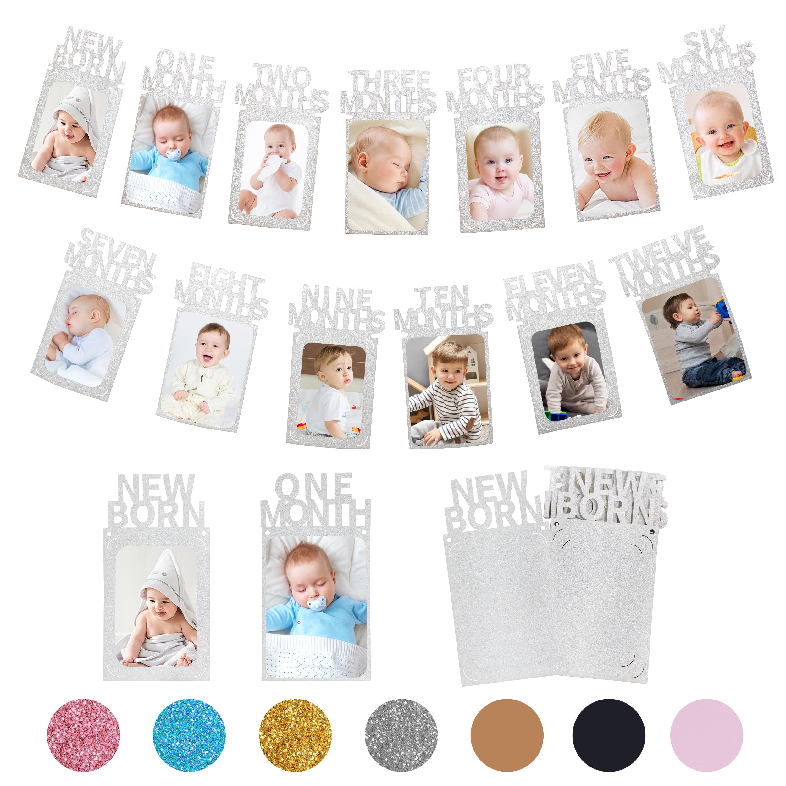 Crosize 1st Birthday Photo Banner Decorations for Baby from Newborn to 12 Months, Boy or Girl Monthly Milestones Garland, One Year Old First Birthday Photo Banner Decorations with Frame (Silver)