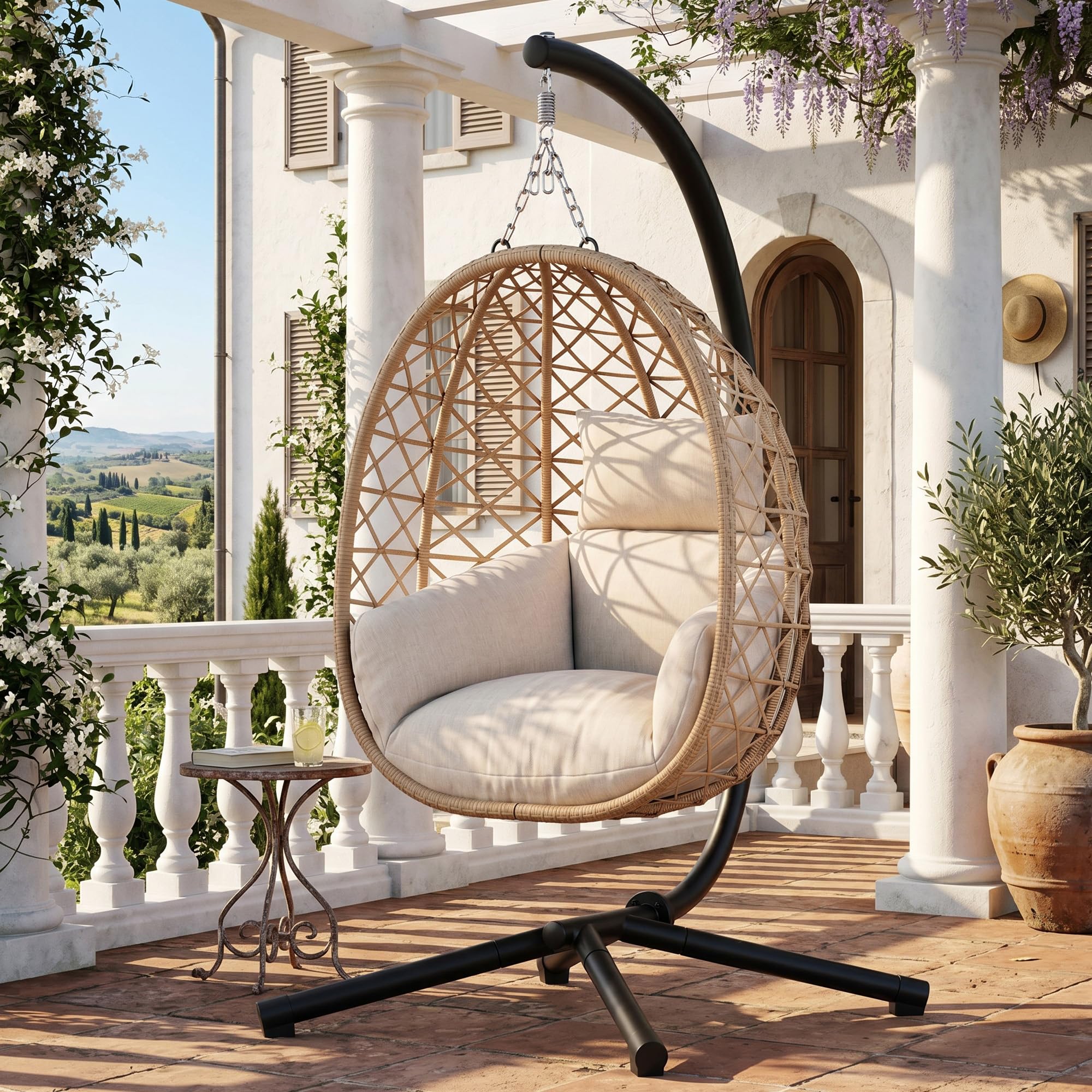 UDPATIO Poltrona Sospesa a Forma di Uovo con Struttura, Sedia Sospesa da Esterno in Vimini PE, Cuscino Spesso 18 cm, Carico Max 160 kg, Dondolo da Giardino per Balcone e Terrazzo, Beige
