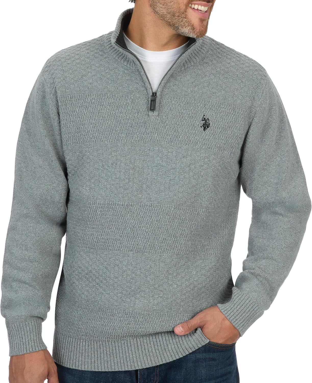 U.S. Polo Assn. Mens Solid Texture Chest Stripe 1/4 Zip Pullover Sweater