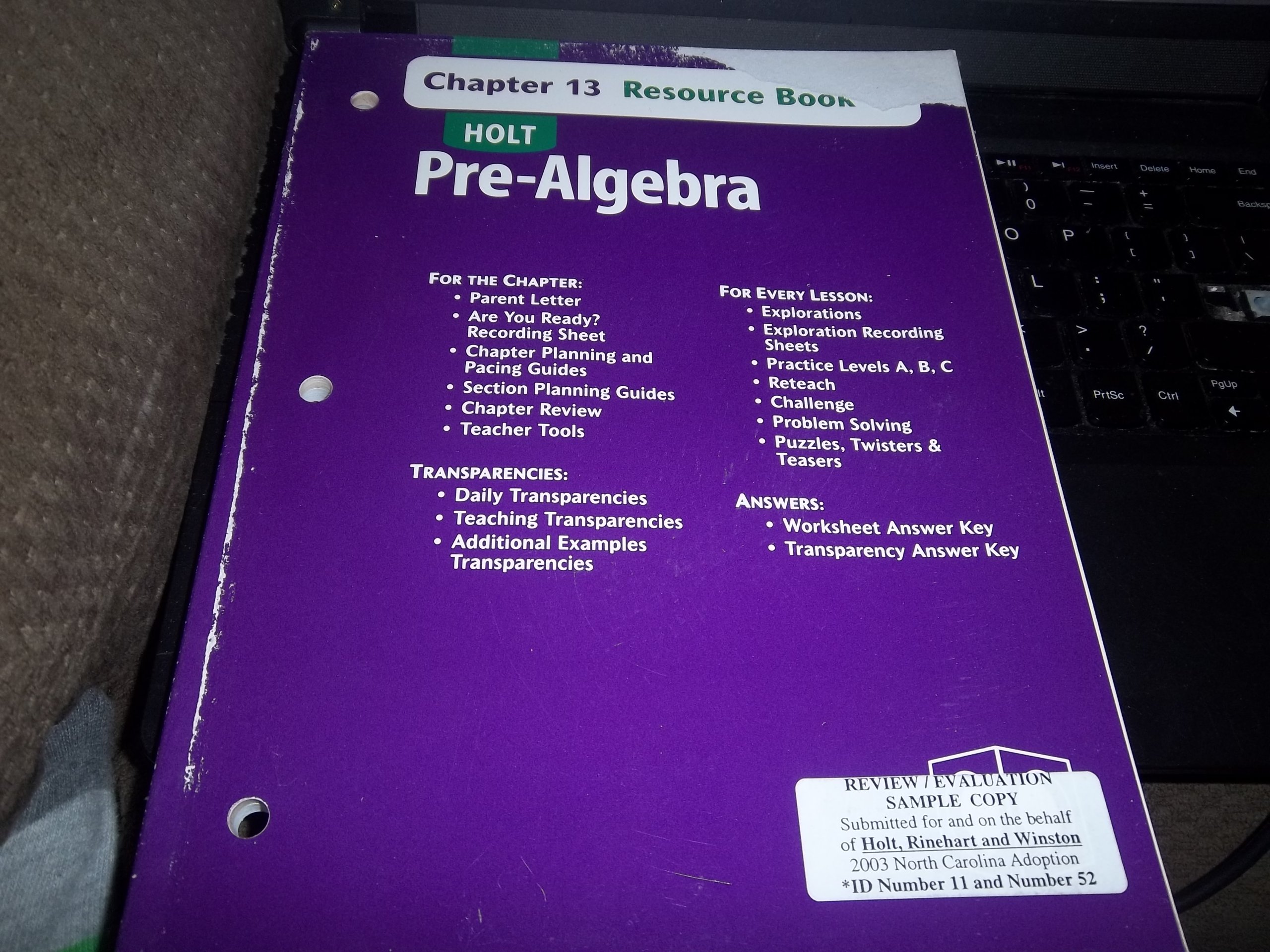 Holt Pre-algebra: Resource Book; Chapter 13 With Answer Key