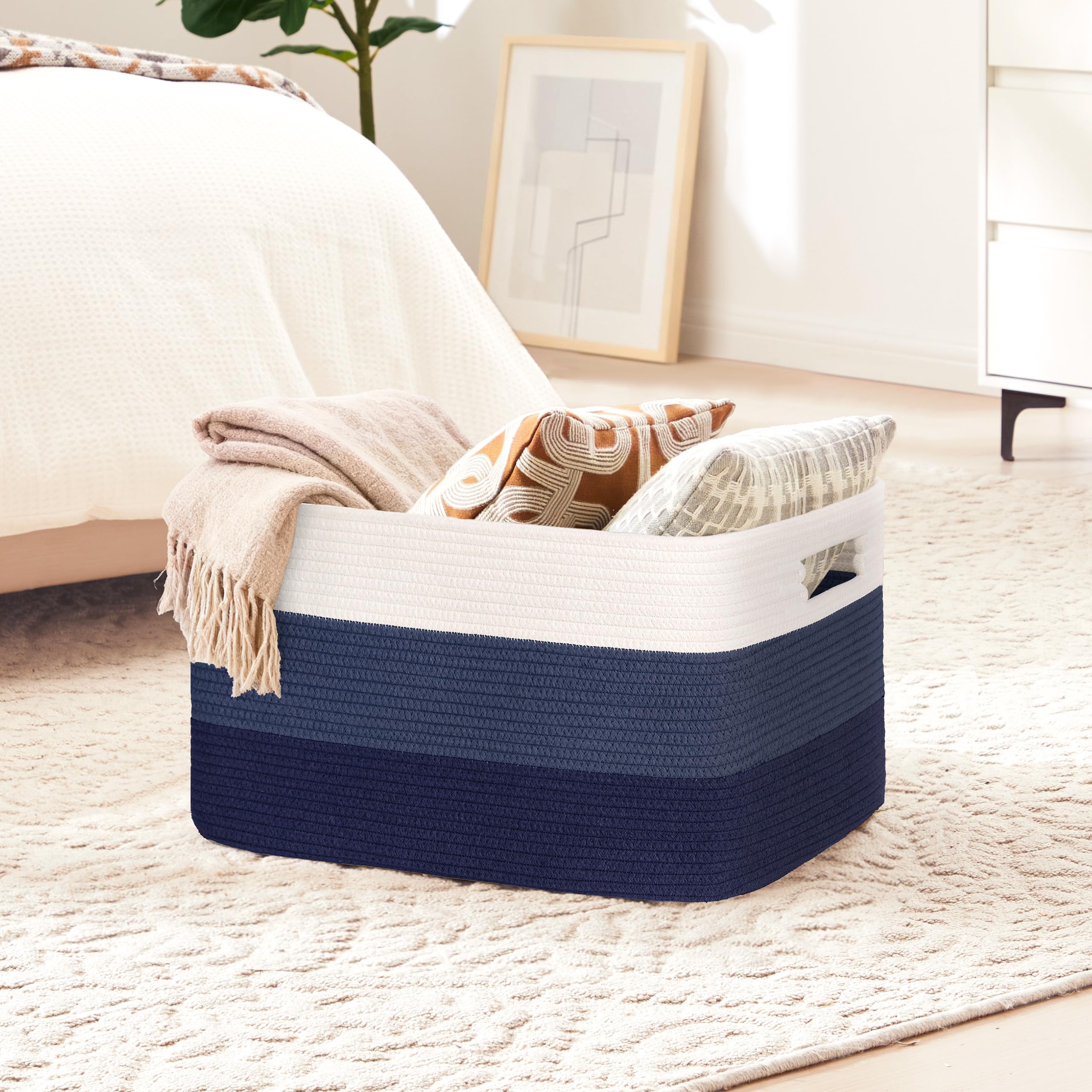Gran organizador 60L en cuerda de algodón, cesto para juguetes, mantas, ropa, trenzado con asas, recogedor de ropa de tela para decoración de habitación infantil o salón, degradado azul