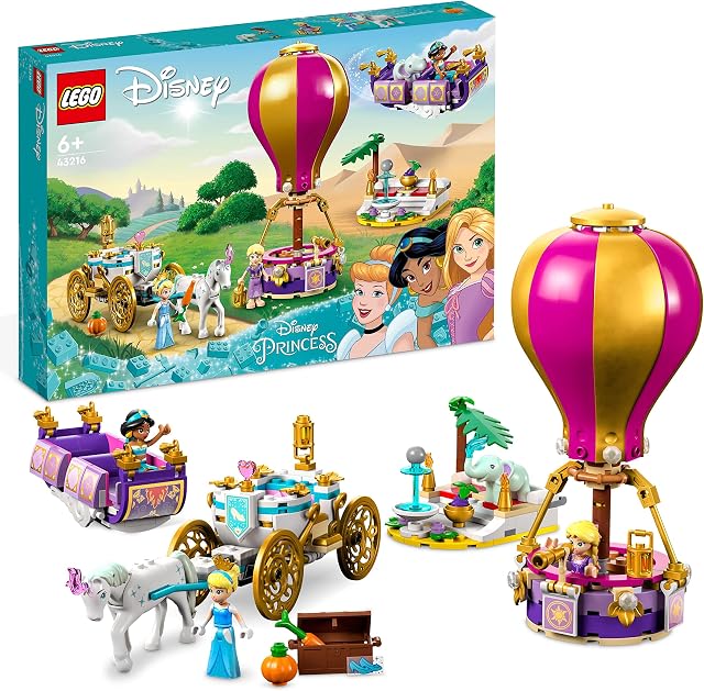 LEGO 43216 Disney Princess Enchanted Journey 3in1 Playset with Cinderella, Jasmine, Rapunzel Mini Dolls with Toy Horse & Carriage, Flying Carpet, Hot Air Balloon, Gift for Girls & Boys Aged 6+