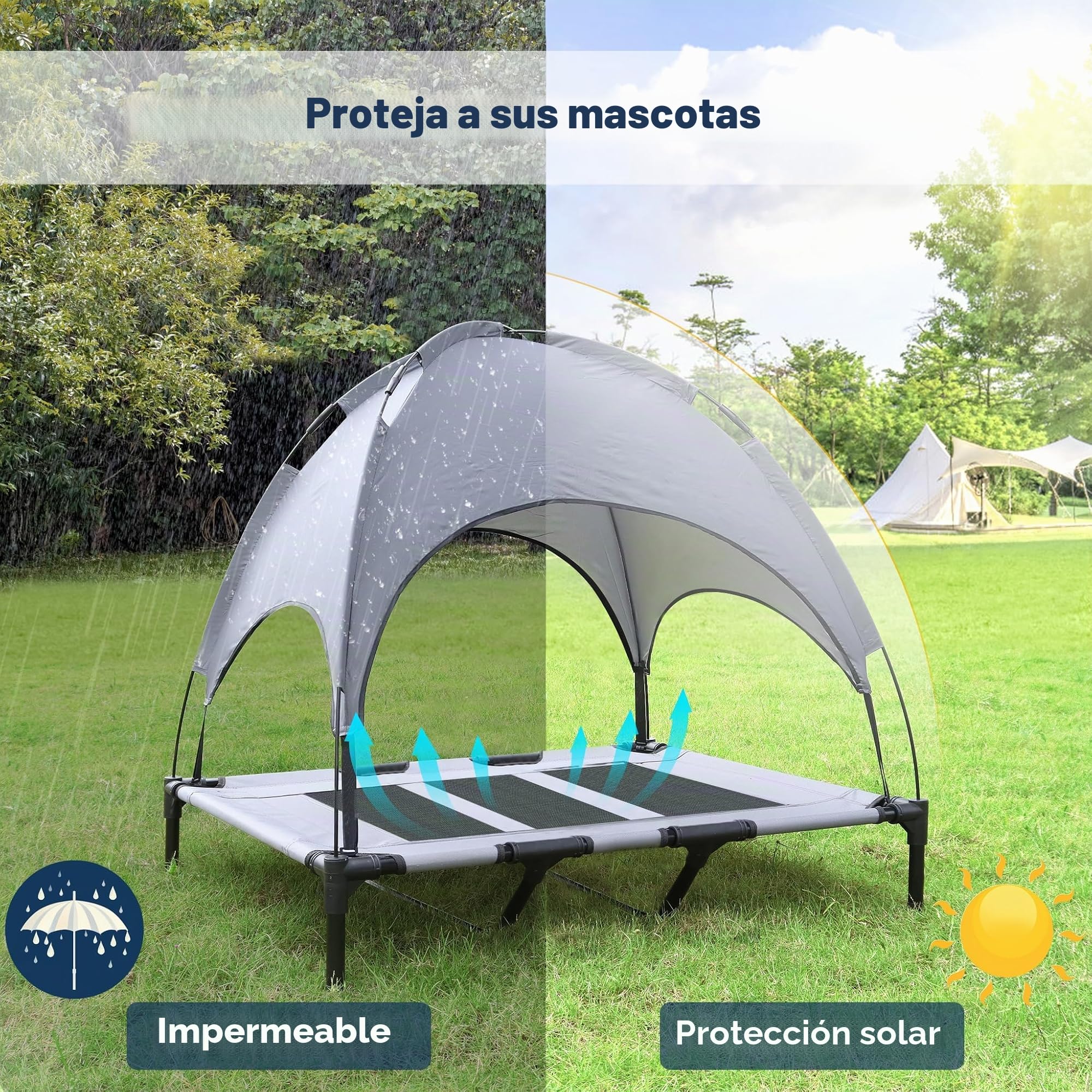 UISEBER Cama para mascotas elevada 122 x 92 x 102 cm Cama para perros al aire libre con techo para perros grandes hasta 60 kg Impermeable Camas para mascotas para interior y exterior Gris + Negro【XL】