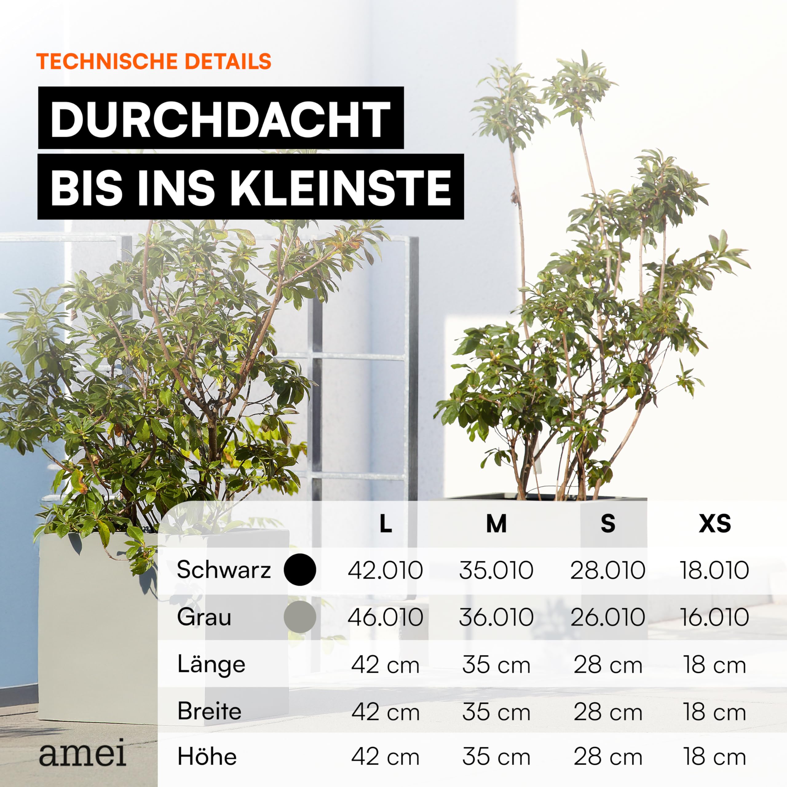 amei Der Kubische Pflanzkübel aus Fiberglas (Grau 42 x 42 x 42 cm) – Blumenkübel in geometrischer Optik – Handgefertigter Pflanzenkübel aus Stonefiber – UV-beständig und frostfest
