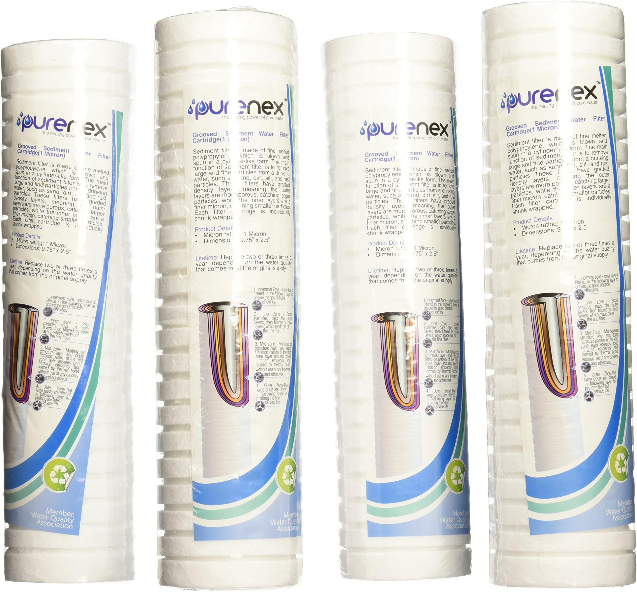 Purenex SG-1M 1 Micron Sediment Water Filter Grooved Cartridge, 4-Pack
