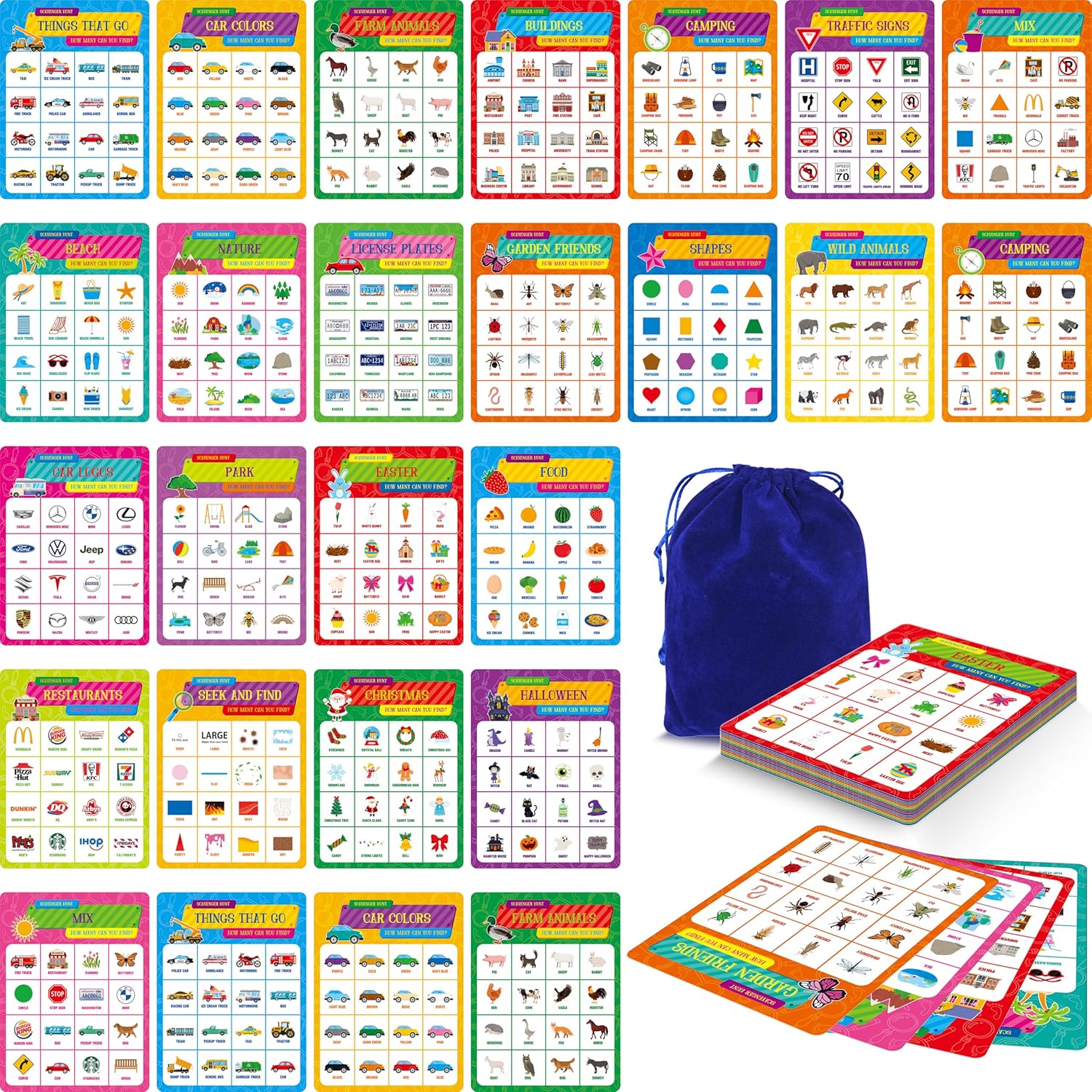 Road Trip Bingo Game, 30 Double-Sided Game Boards (Animal, Holiday, Building, Vehicle Themes), Dry-Erase Scavenger Hunt Bingo Games for Road Trip, Car Travel, Outdoor Activities for Kid, Adult