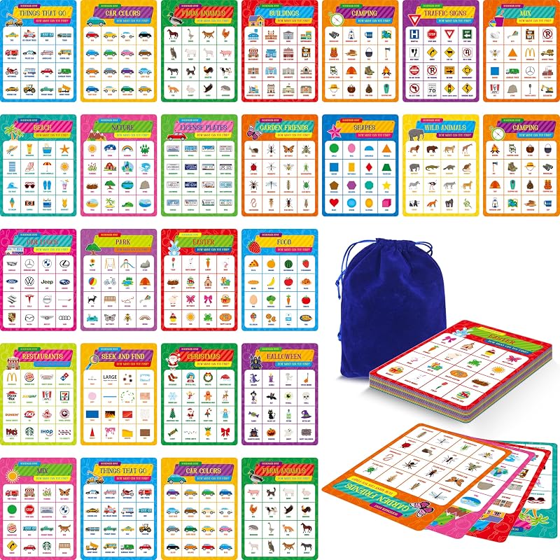 Road Trip Bingo Game, 30 Double-Sided Game Boards (Animal, Holiday, Building, Vehicle Themes ), Dry-Erase Scavenger Hunt Bingo Games for Road Trip, Car Travel, Outdoor Activities for Kid, Adult