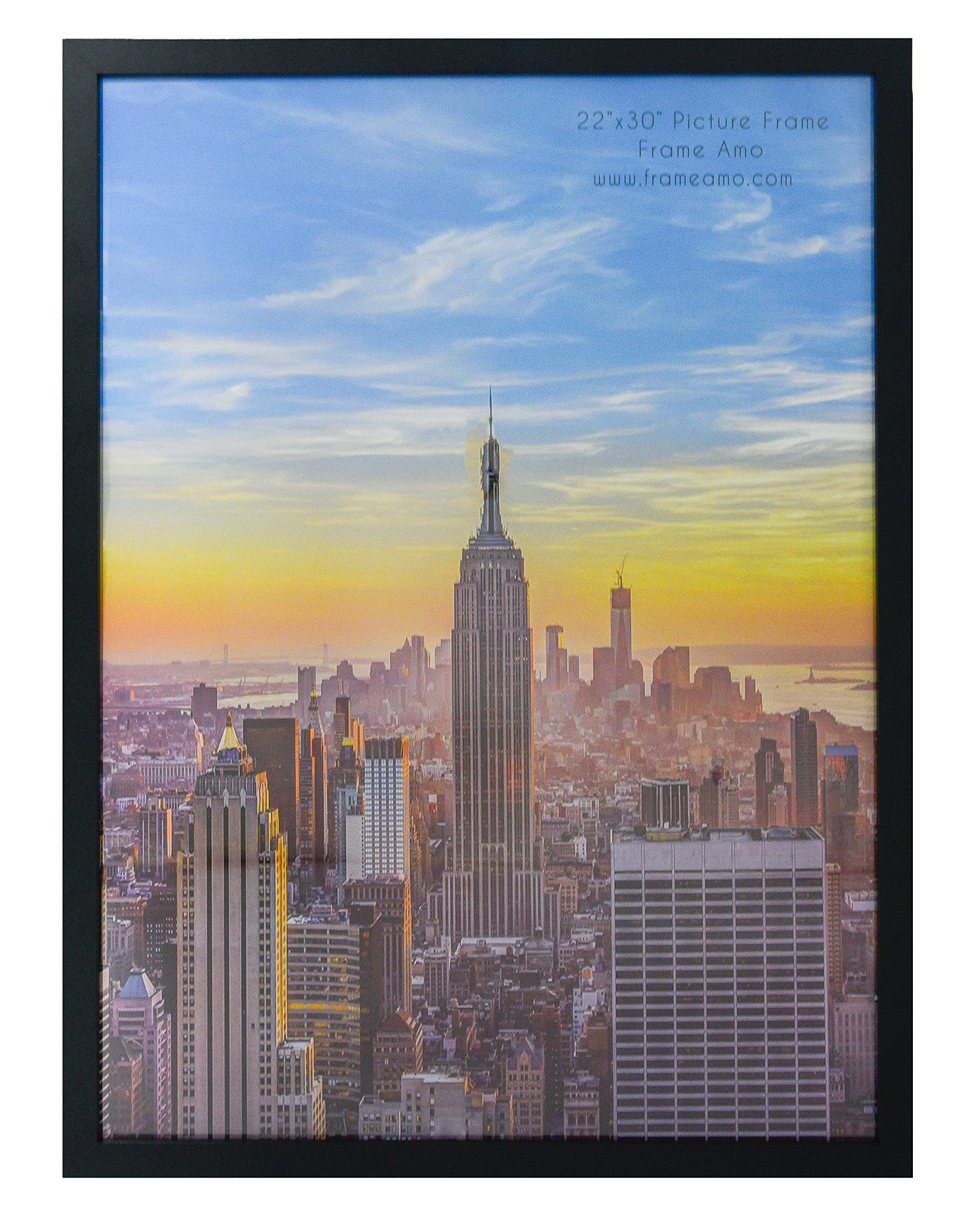 Frame Amo 22x30 Black Modern Picture or Poster Frame, 1 inch Wide Border, Smooth Wrap Finish, Acrylic Face