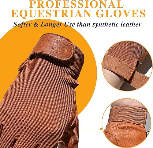 Vista 19 de Guantes de equitación – Palma de piel de cabra auténtica, dedos de cuero de doble capa, muñeca de gancho y bucle, ideales para montar a caballo