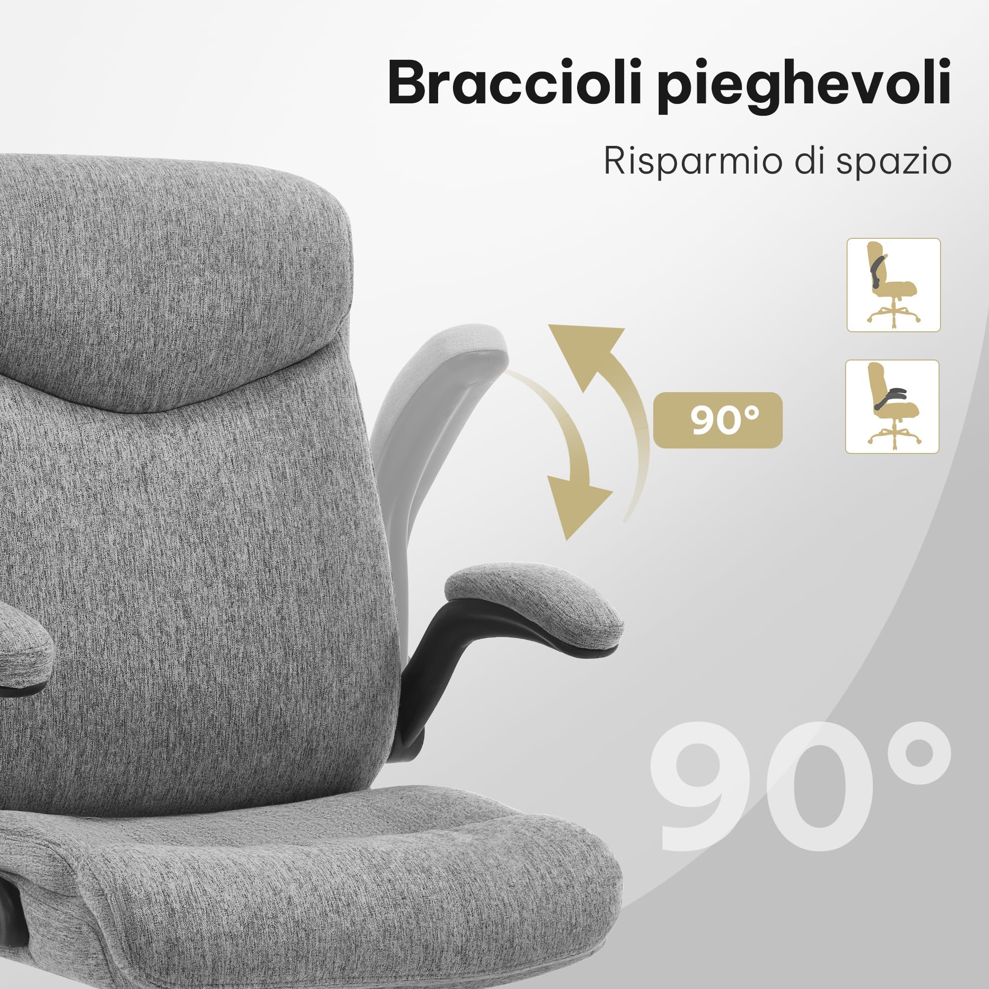 eSituro Poltrona Ufficio Ergonomica, Sedia Ufficio, Cotone Lino, Grigio | con Bracciolo Ribaltabile, Regolabile in Altezza