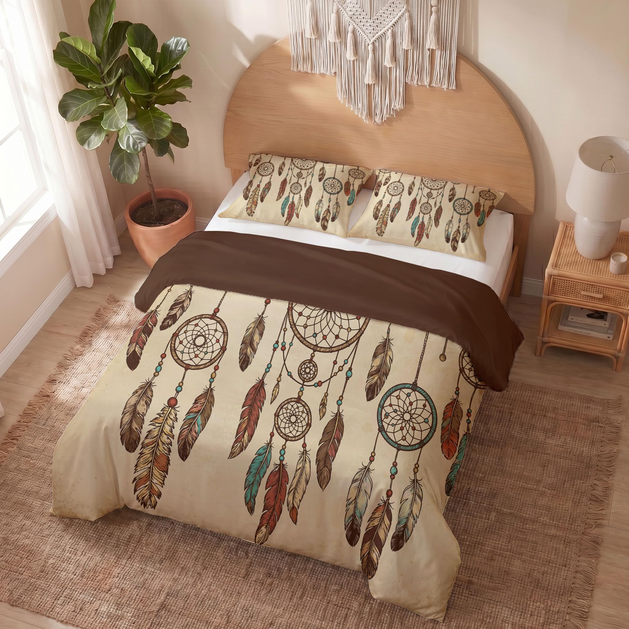 Parure de lit 200x200 adulte pour un lit parfait sans repassage avec motif plumes brun
