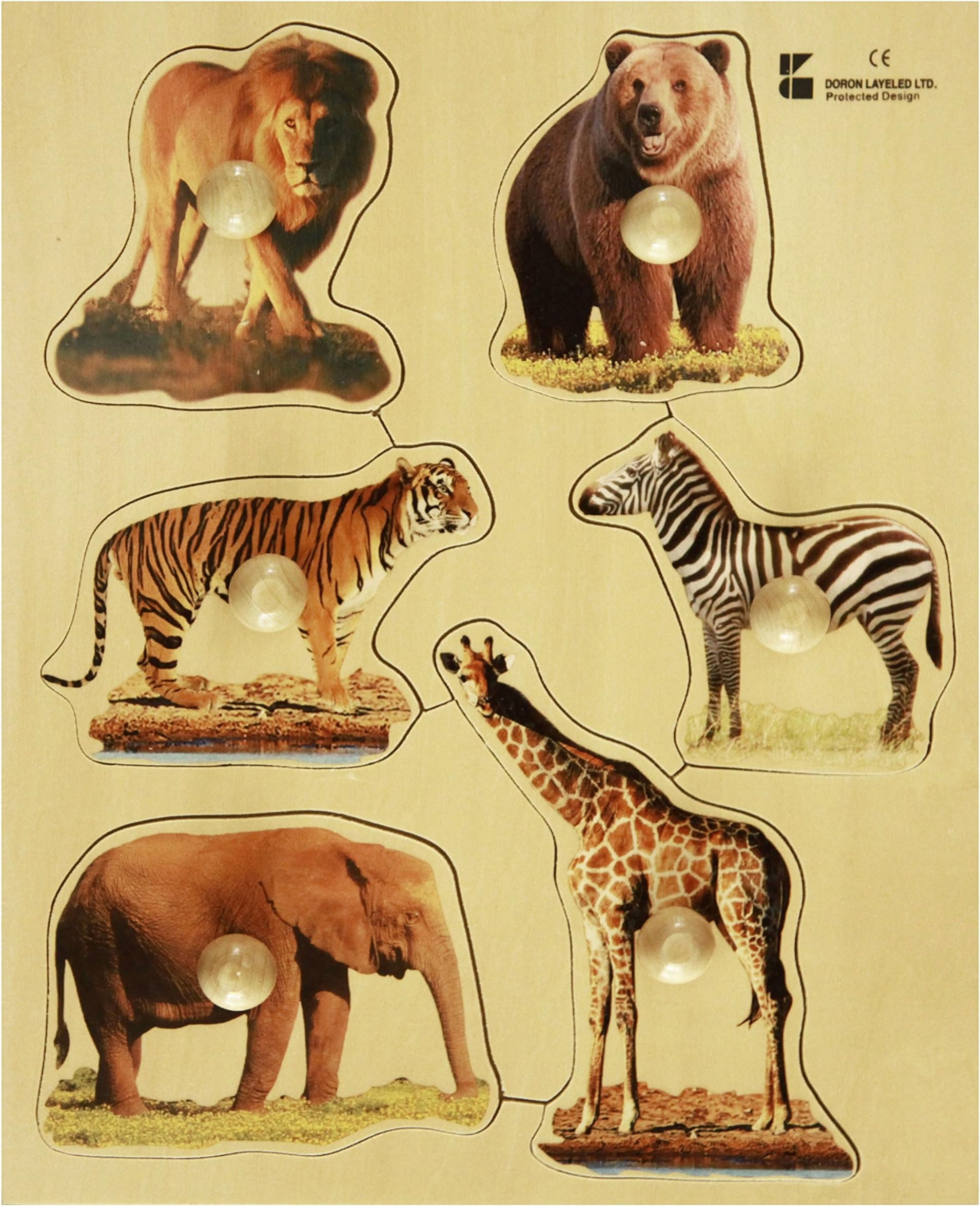 Doron Layeled E72510220, Large Photographic Wooden Peg Puzzle-Wild Animals