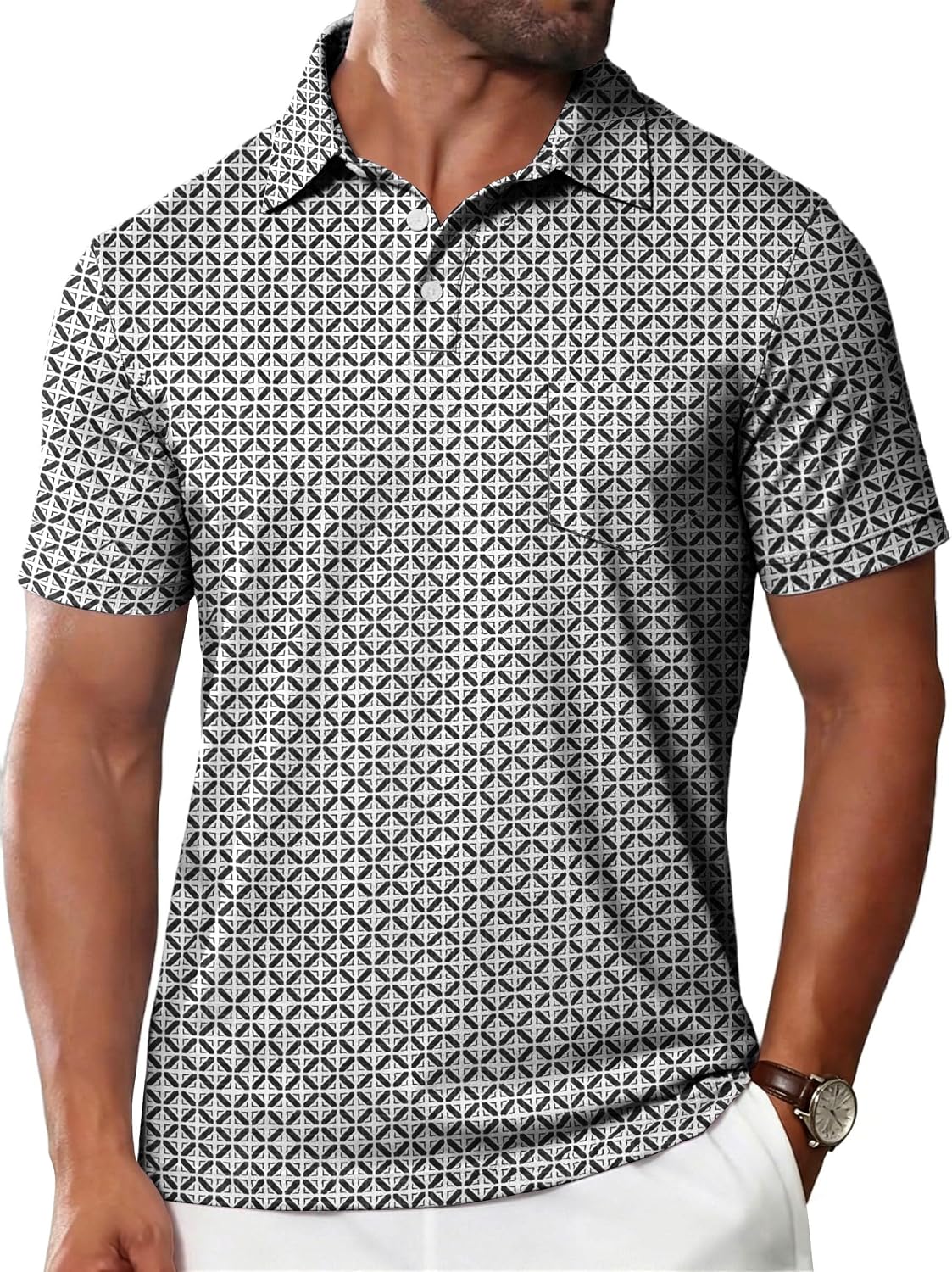 Mens Printed Polo Shirts Short Sleeve Moisture Wicking Quick Dry UPF 50+ Performance Collared with Pocket