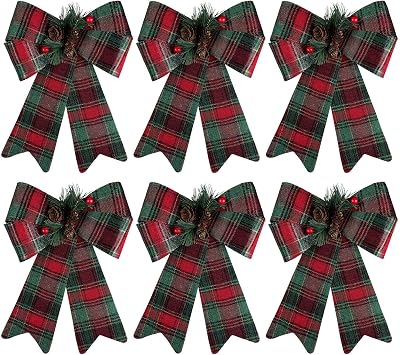 URATOT 6 Pack Christmas Wreaths with Pinecones Needles Xmas Decorations Natural Christmas Tree Bows for Holiday Decoration or DIY Crafts, 9 x 12 Inches