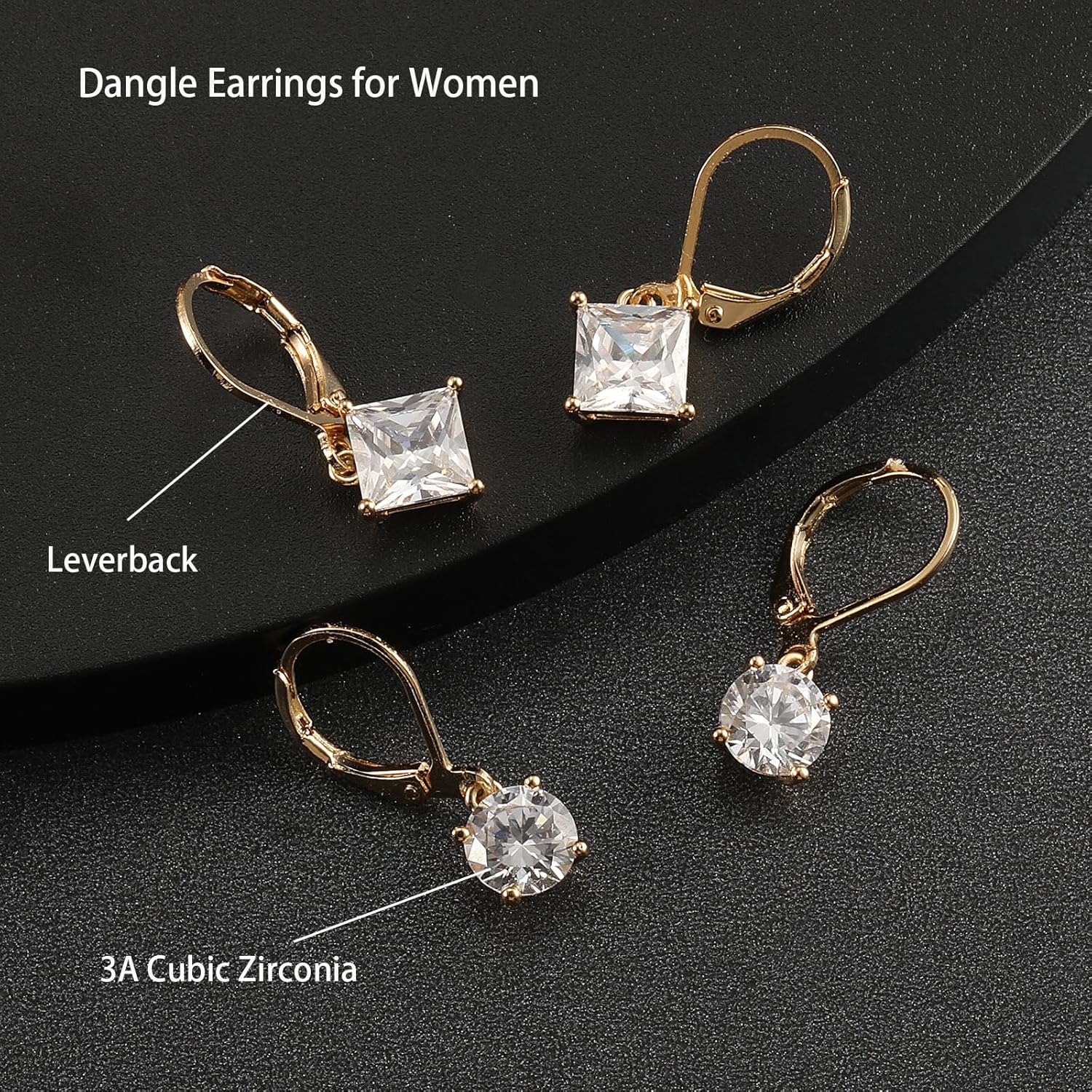 Gemsme Leverback Drop & Dangle Earrings Set | Gold Hypoallergenic Princess and Round Cut Cubic Zirconia Drop Dangle Earrings for Women & Mom - Image 3