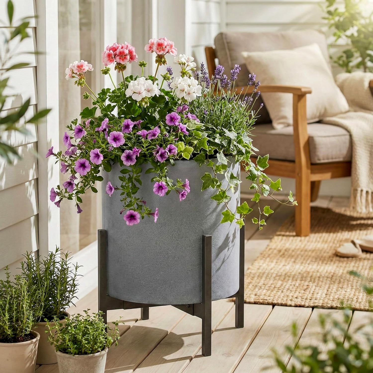 FaithLand 14 Inch Fiberstone Planter - Lightweight Modern Cylinder Plant Pot with Drainage Hole & Plug, Authentic Concrete Look, Gray