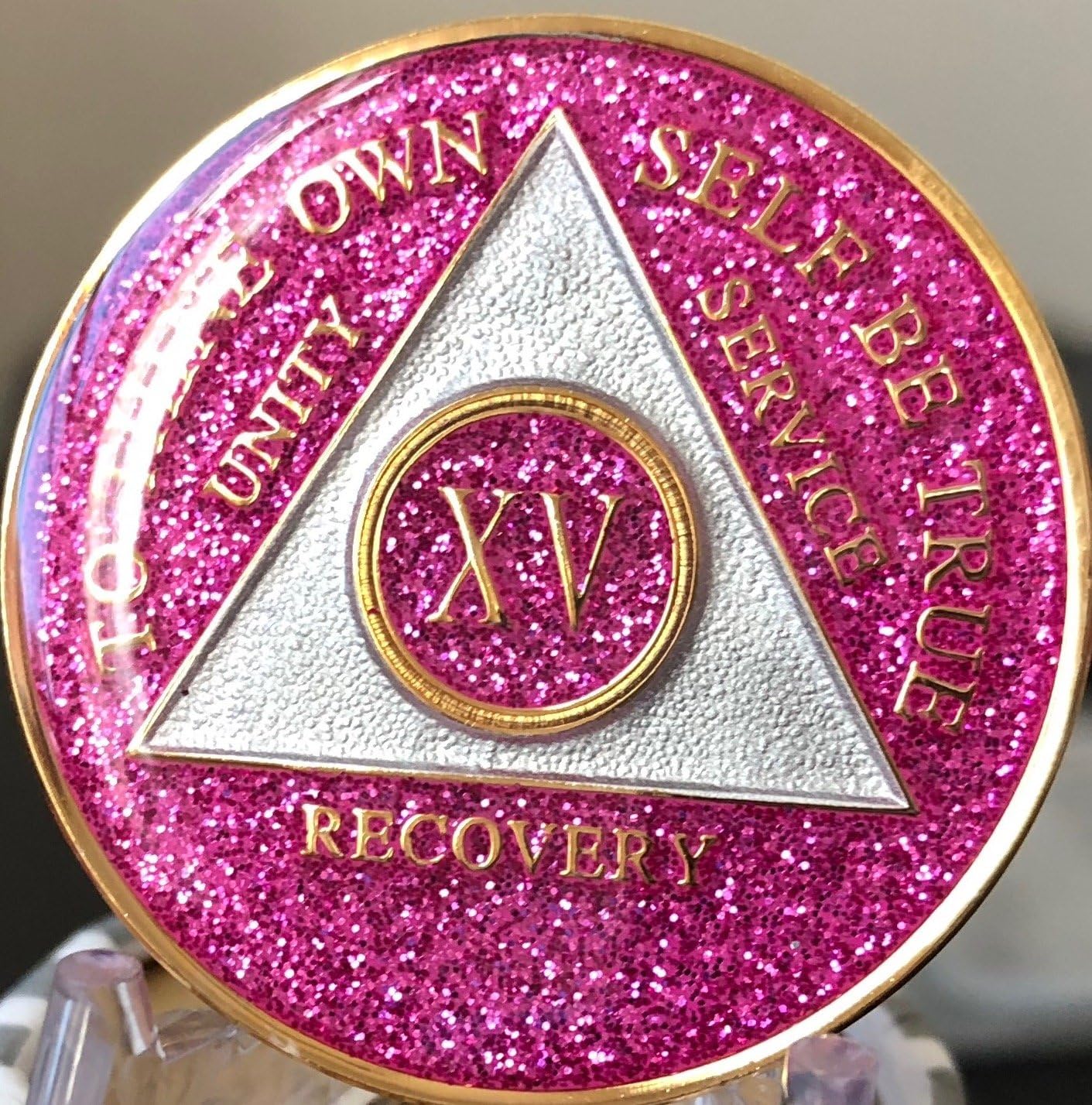 Recovery Mint 15 Year AA Medallion Glitter Pink Tri-Plate Chip XV