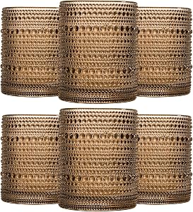 JOVGANK Brown Vintage Hobnail Drinking Glasses Set of 6, Embossed Water Tumbler 12oz, Kitchen & Bar Beaded Glass Cups, Beverage Glass Cups for Water, Beer, Juice, Housewarming and Mother's Day Gift