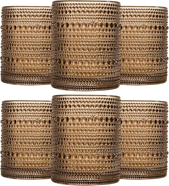 JOVGANK Brown Vintage Hobnail Drinking Glasses Set of 6, Embossed Water Tumbler 12oz, Kitchen & Bar Beaded Glass Cups, Beverage Glass Cups for Water, Beer, Juice, Housewarming and Mother's Day Gift