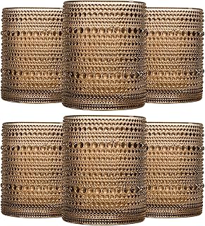 Brown Vintage Hobnail Drinking Glasses Set of 6, Embossed Water Tumbler 12oz, Kitchen & Bar Beaded Glass Cups, Beverage Glass Cups for Water, Beer, Juice, Cocktail Glassware, Brown