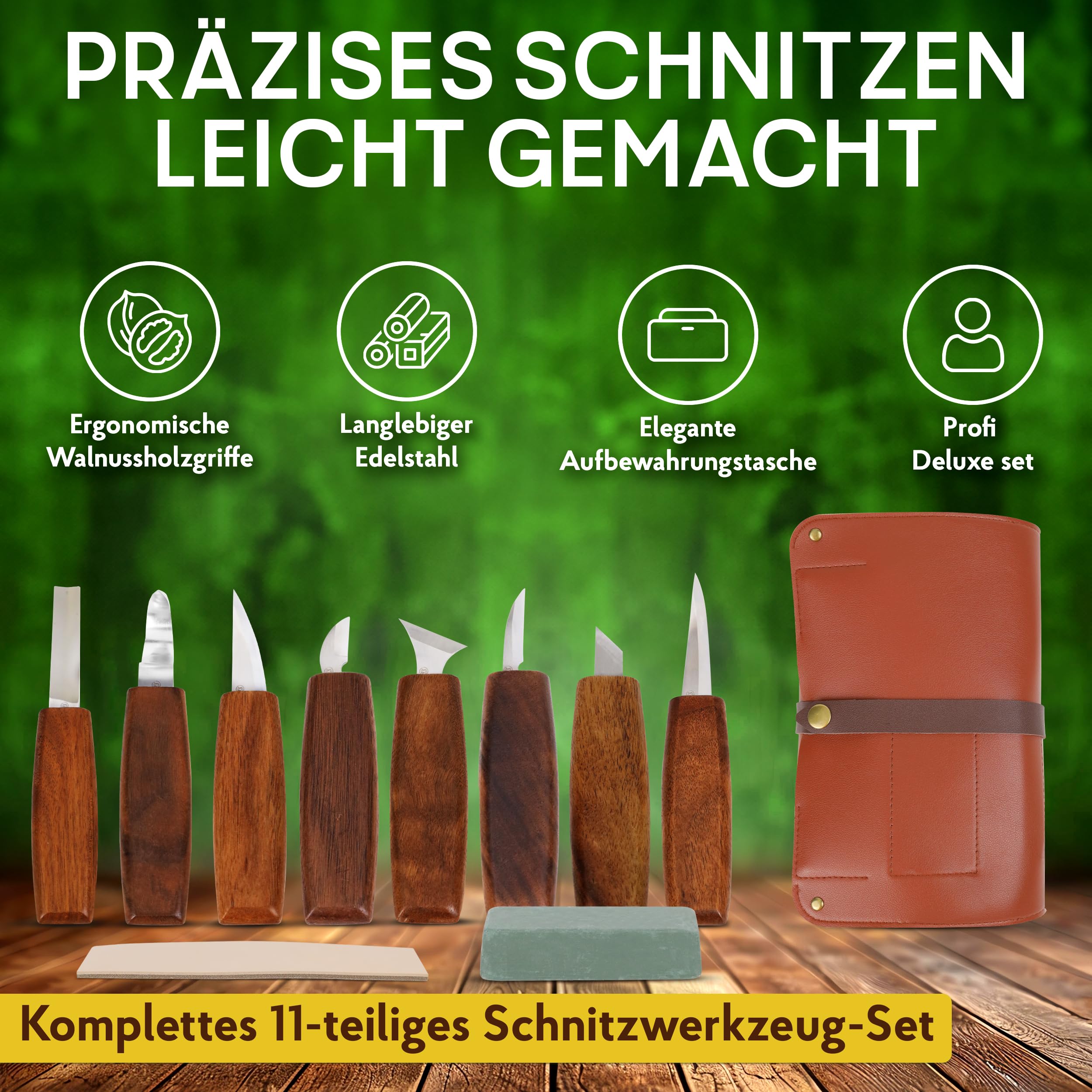 Eli® Hochwertiges Profi Schnitzwerkzeug Set inkl Tasche und Abziehleder - Walnussholzgriffe - rostfreier Stahl - Schnitzmesser - Schnitzset - Werkzeug - Perfekt für Erwachsene - Holzwerkzeug