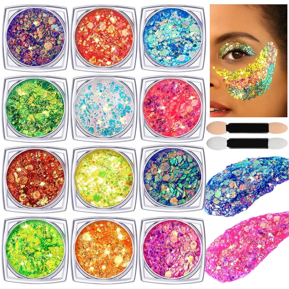 Teenitor Body Glitter Gel Face Glitter Makeup Festival Glitter, 12 Colors Face and Body Glitter Gel, Hair Glitter