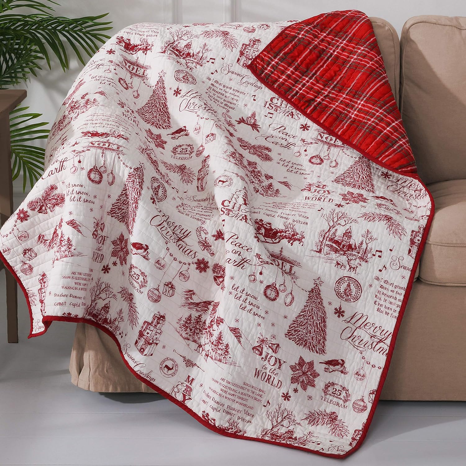 Levtex Home - Yuletide Quilt Set - King/Cal King Quilt (106x92in.) + Two King Pillow Shams (36x20in.) - Christmas Holiday Script - Red and Cream - Reversible - Cotton