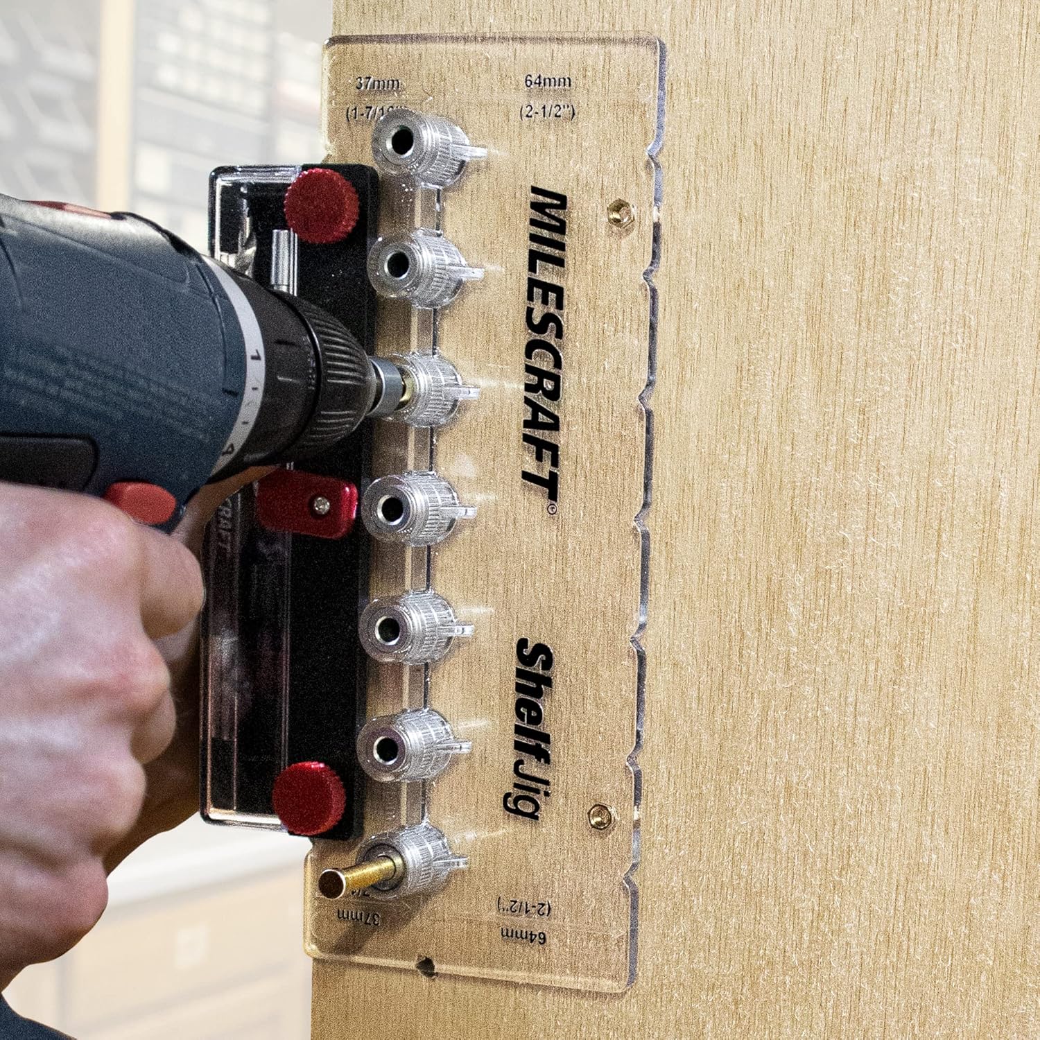 Milescraft 1343 Shelf Jig – Create ¼ in. and 5mm Shelf Pin Holes for Cabinets. Standard 32mm Spacing. Shelf Pin Jig includes Two Drill Bits - Image 3