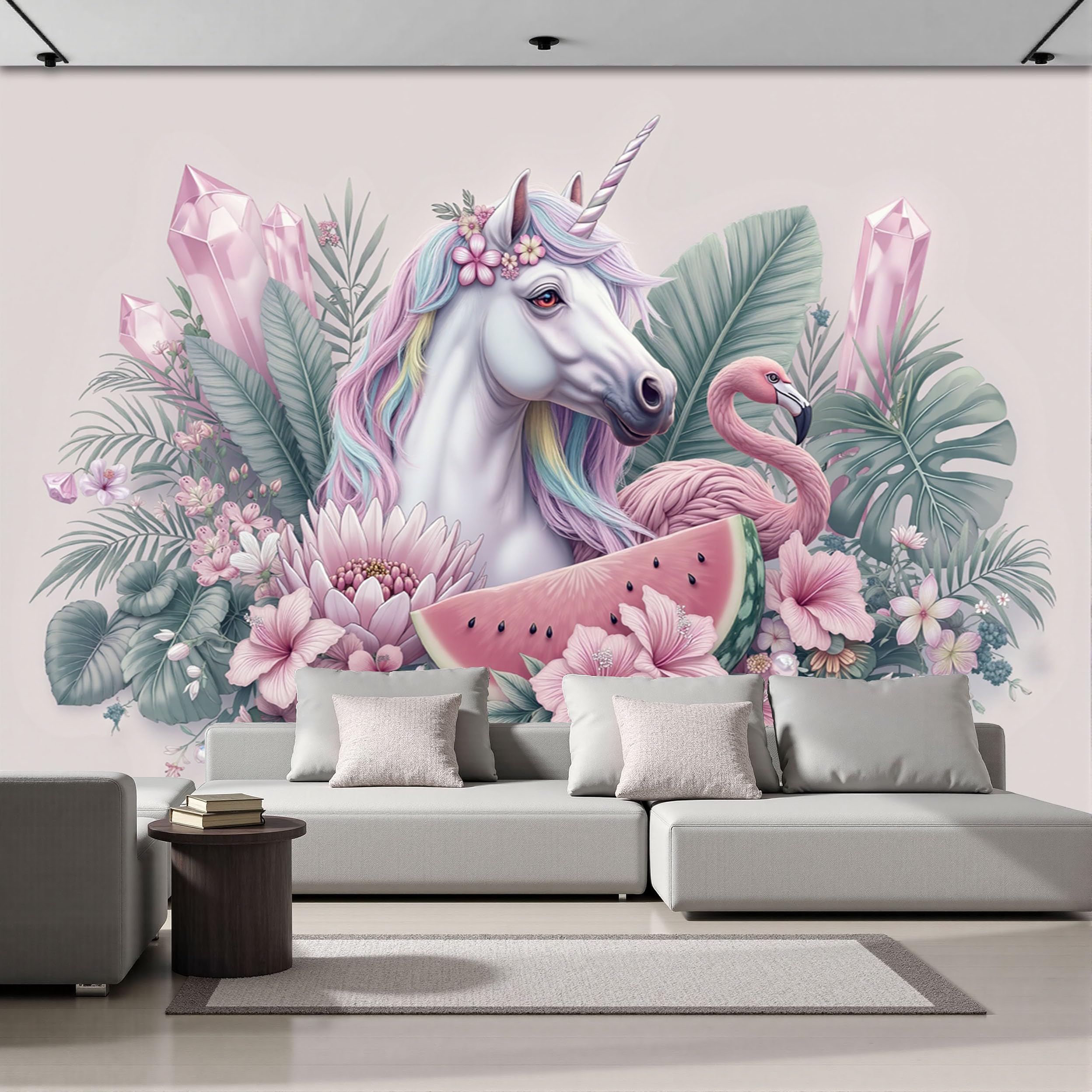 Papier peint panoramique licorne rose vert et plantes tropicales 200x140