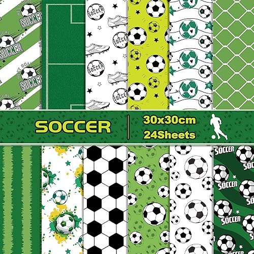 24 hojas de papel de álbum de recortes de fútbol, patrón de campo de fútbol verde, papel decorativo para hacer tarjetas, álbumes de recortes, álbum