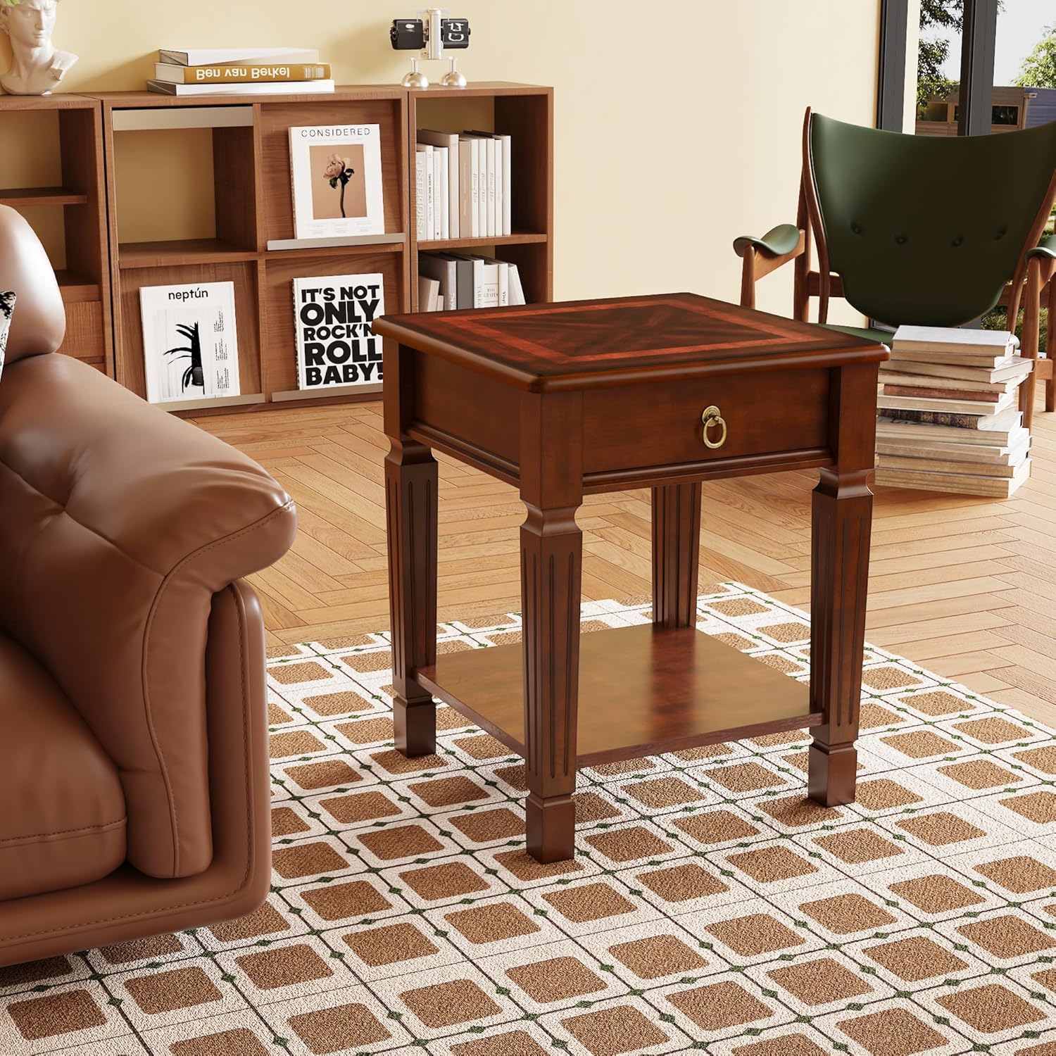 Solid Wood End Table with Storage Drawer & Open Shelf, Cherry Wood Side Table for Living Room, Apartment Beside Table with Brass Knobs, Wooden Night Stand for Bedroom Cherry Walnut