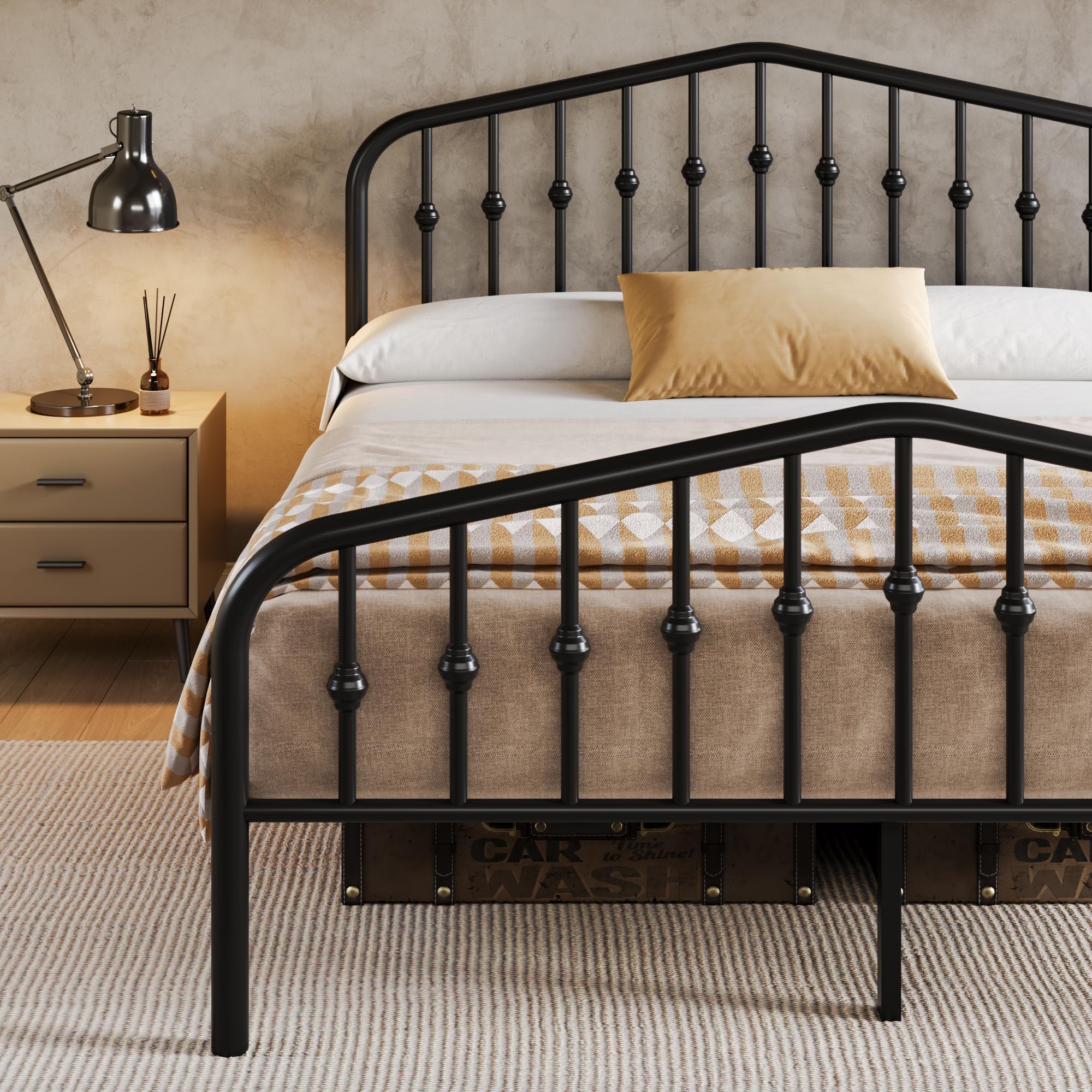 HOOMIC 14'' Full Size Metal Bed Frame with Victorian Headboard & Footboard, Heavy-Duty Wrought Iron Platform Bed, No Box Spring Needed, Black