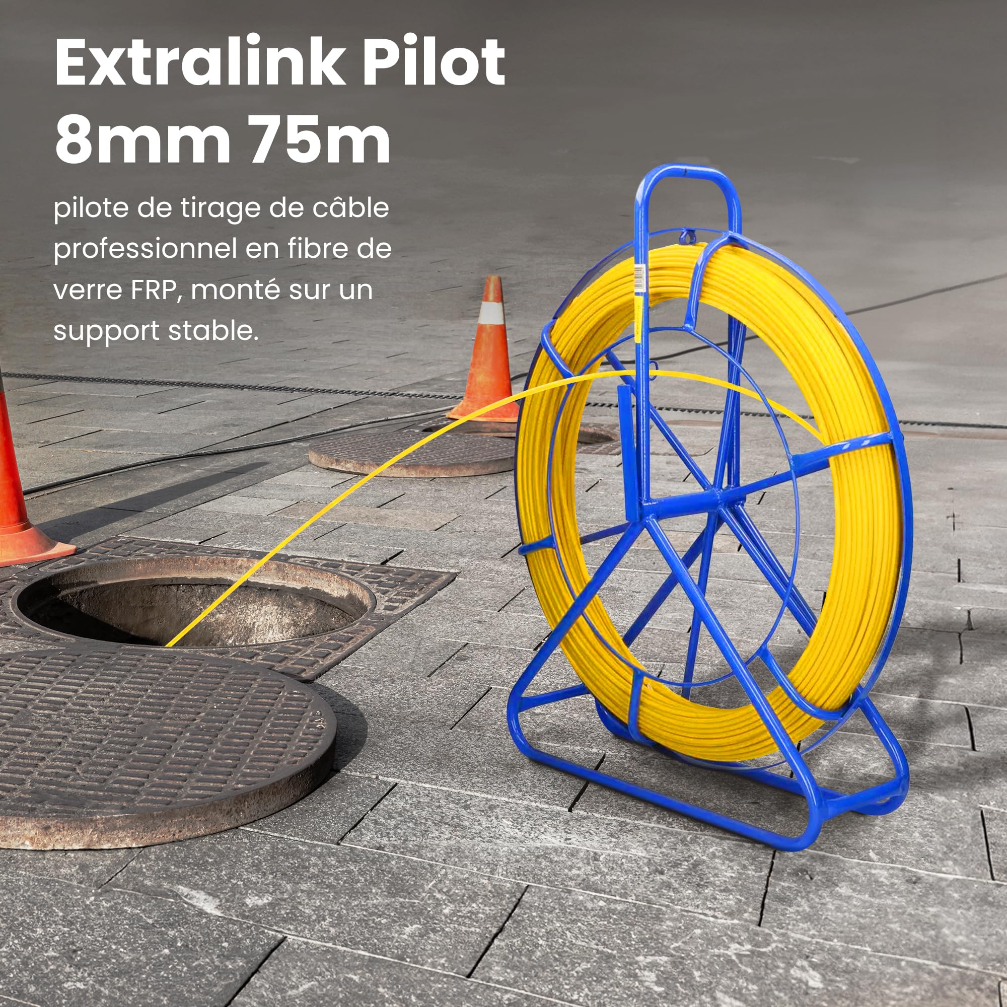 Extralink FRP Tige en fibre de verre, 8 mm de diamètre, 75 m, tube vide avec porte-rouleau et frein, ressort de traction à haute élasticité et résistance, accessoire de câble en fibre de verre pour