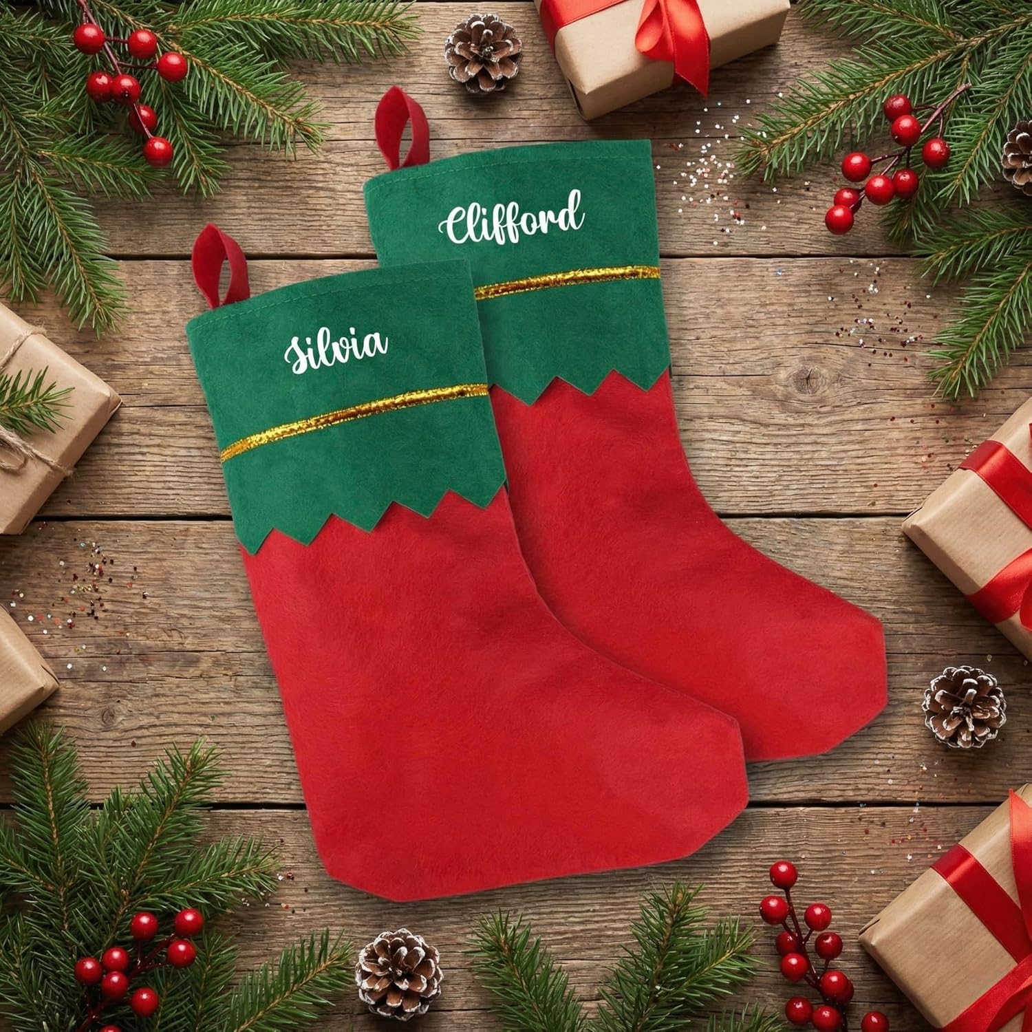 The Bling Global Personalised Christmas Stocking with Name, Custom Name Xmas Stocking for Home Décor,Red & Green Holiday Stocking for Gifts, Tree Decoration, Christmas Decoration Item.(Pack of 2)