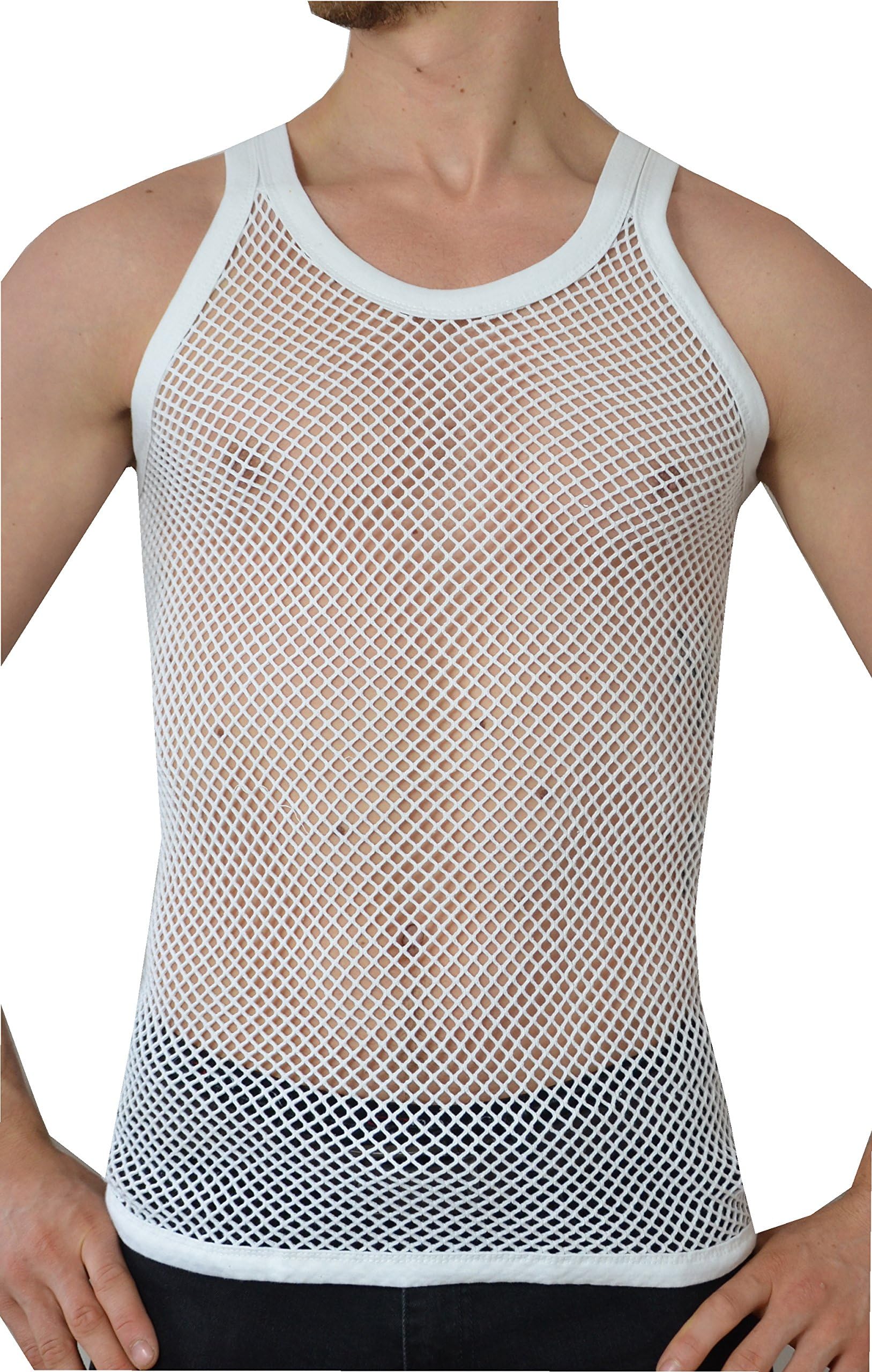 PendeenMens Premium 100% Cotton Mesh Fishnet String Vest (XX-Large, White)