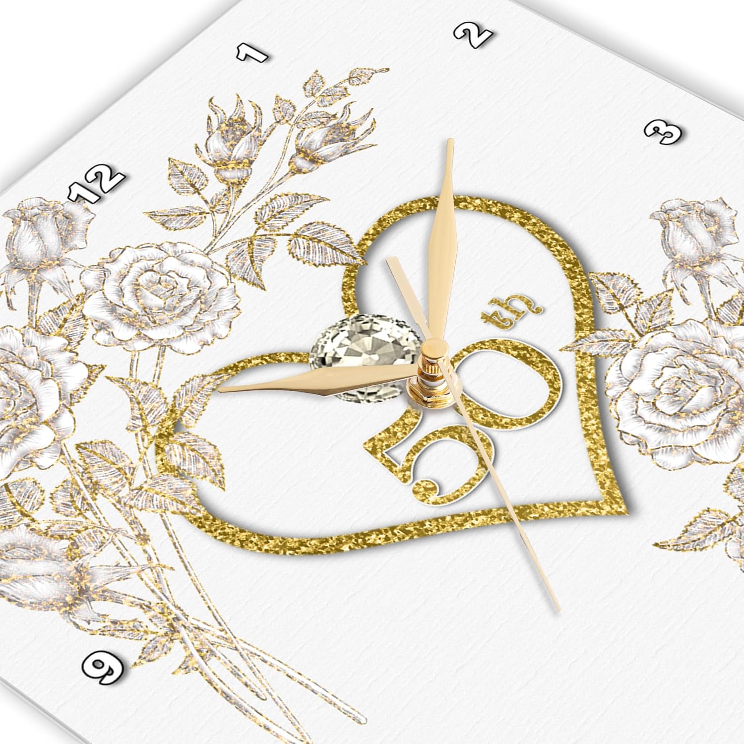 3dRose DPP_264590_3 50th Golden Wedding Anniversary in Faux Gold Glitter Heart on White Wall Clock, 15 x 15
