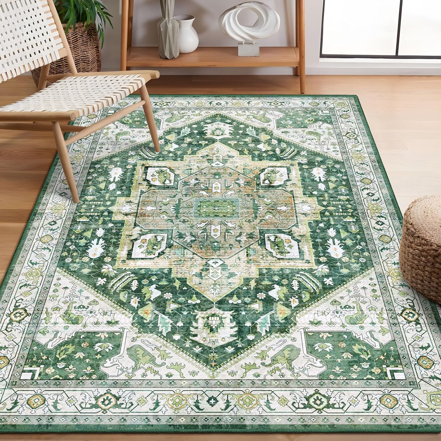 MUJOO Green Rug 3'x5' Washable,Rugs for Entryway Bedroom Living Room Kitchen,Small Area Rug Boho Non Slip Carpet Indoor,Vintage Soft Farmhouse Rustic Floral Rug 3' x 5' (Rectangular) Green and White