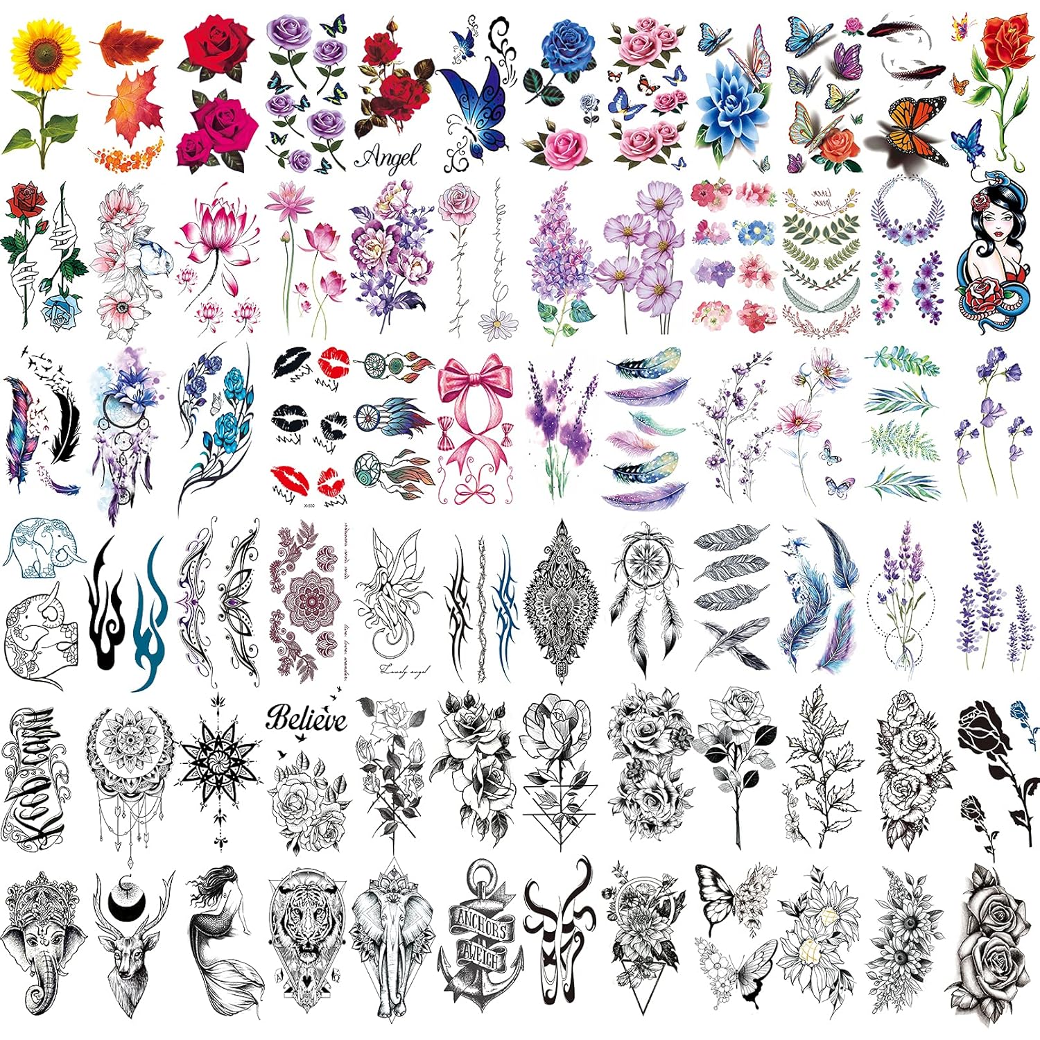 72 Sheets Temporary Tattoos for Women and Girls, Flower Tattoo Temporary, Butterfly