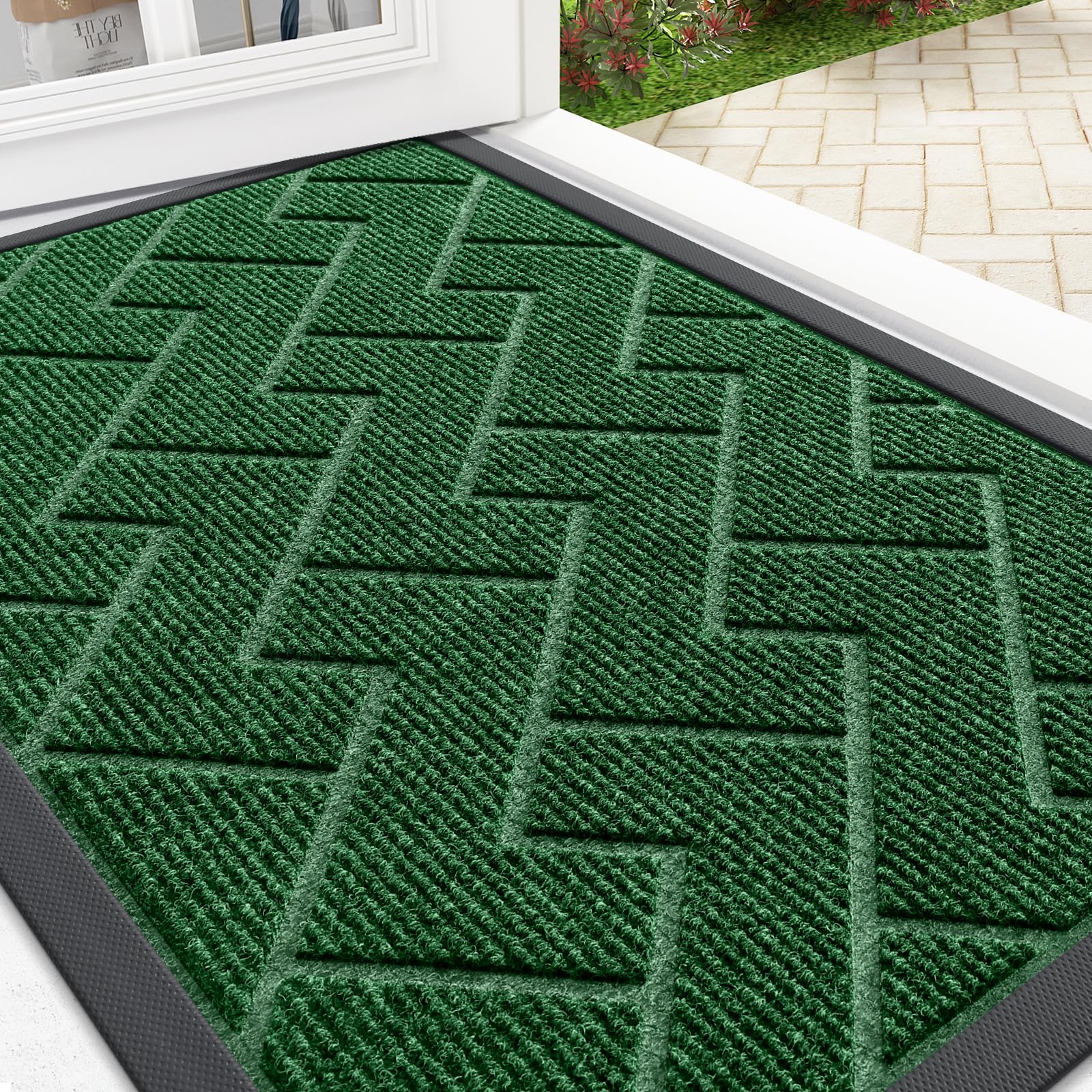 OLANLY Front Door Mat Outside 29.5x17, All-Season Absorbent Rubber Doormat | Green, Heavy-Duty, Stain and Fade Resistant, Waterproof Non-Slip Backing, Low-Profile Indoor Outdoor Floor Mat for Entryway
